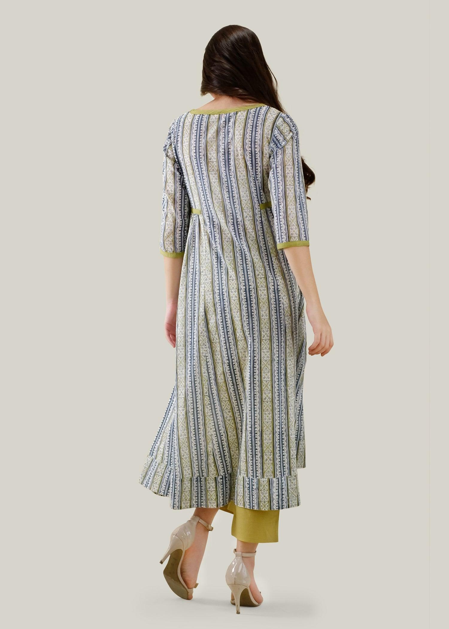 Blue, Lemon & Green Flared Voile Kashish Kurta