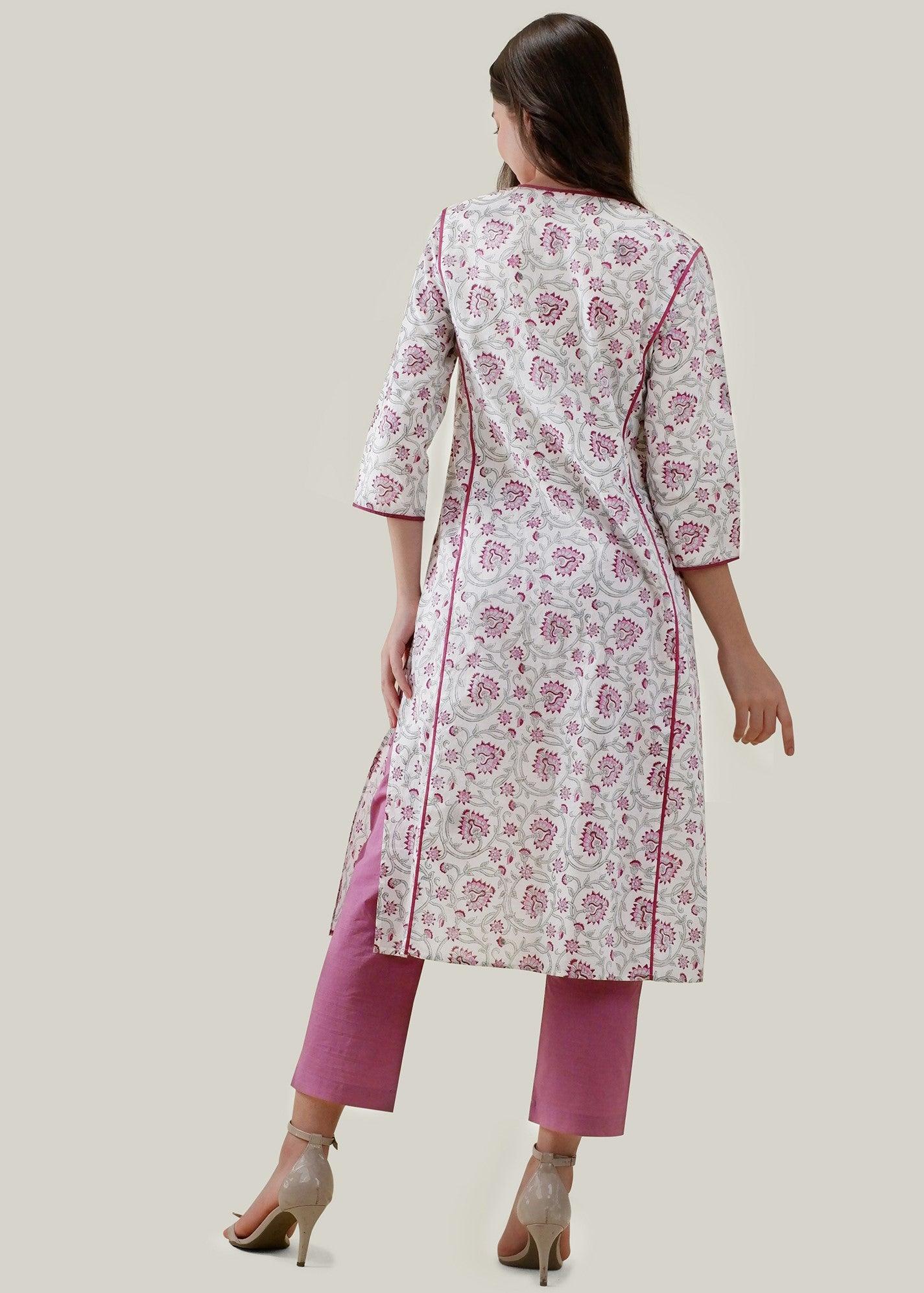 White & Pink Regular Cotton Chikankari Kurta