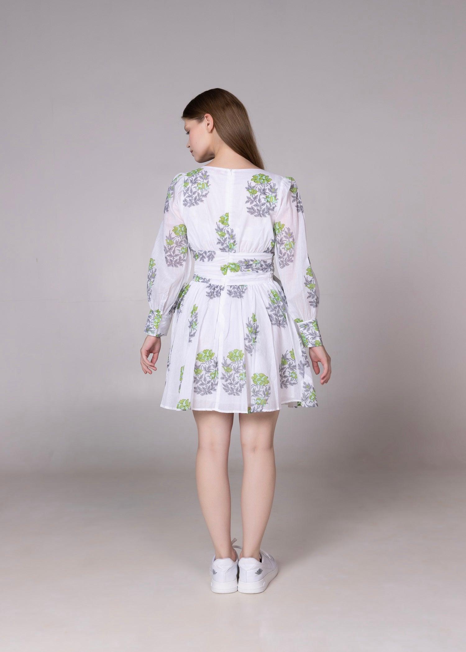 White & Leaf Green Flared Cotton Wrap Dress