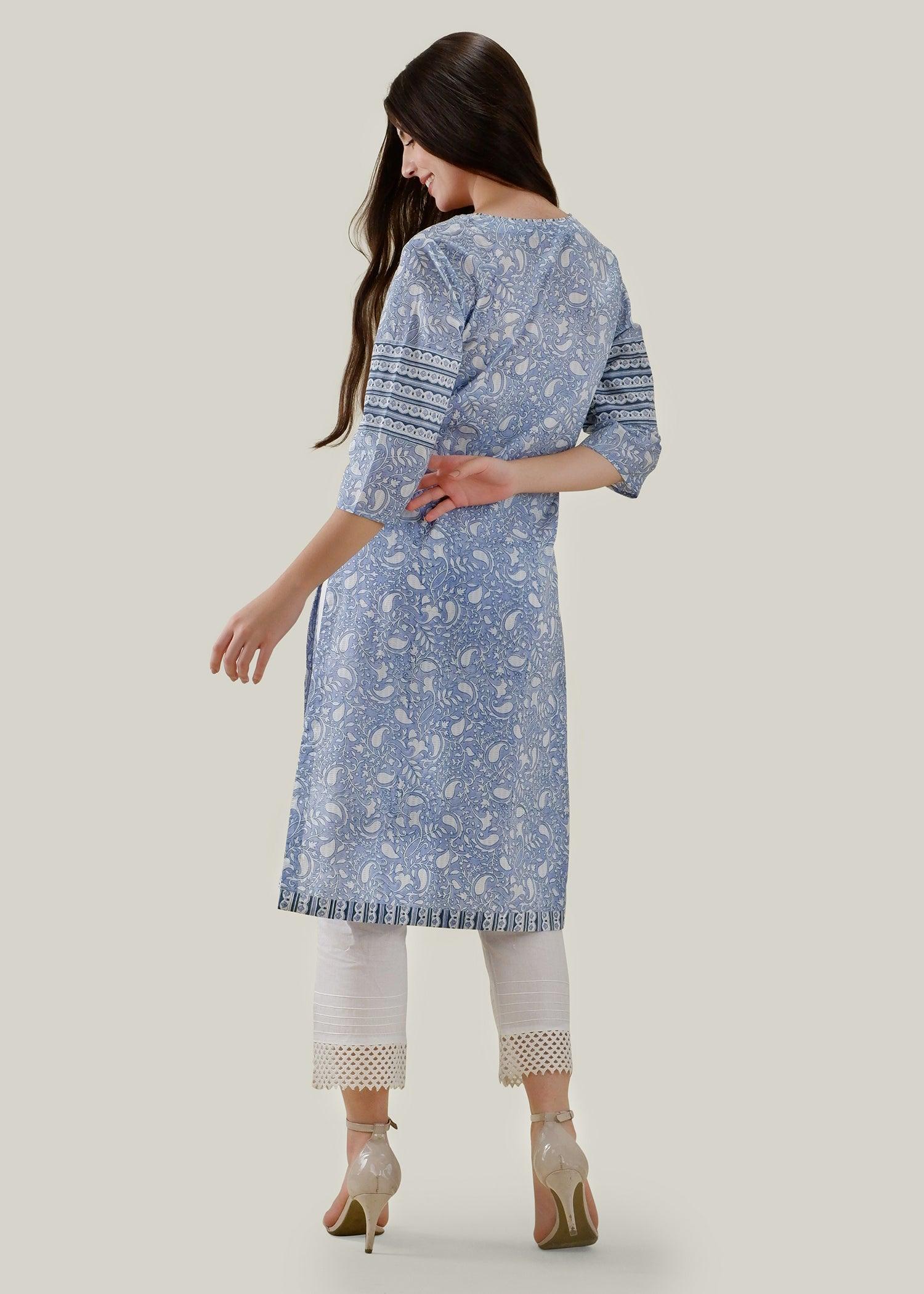 White & Blue Regular Cotton Kurta