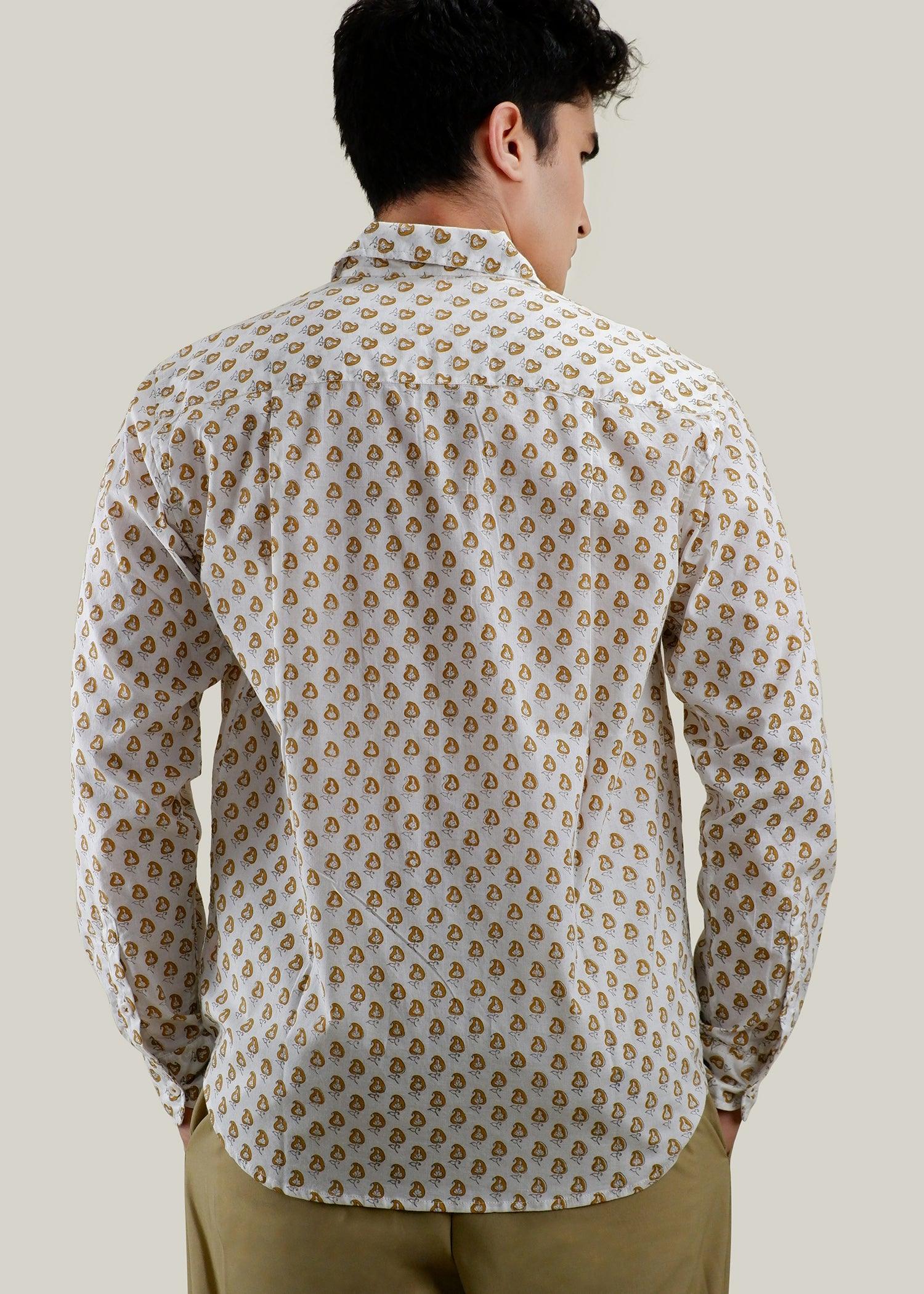 White/Ochre & Yellow Regular Cotton Full Sleeve Shirt