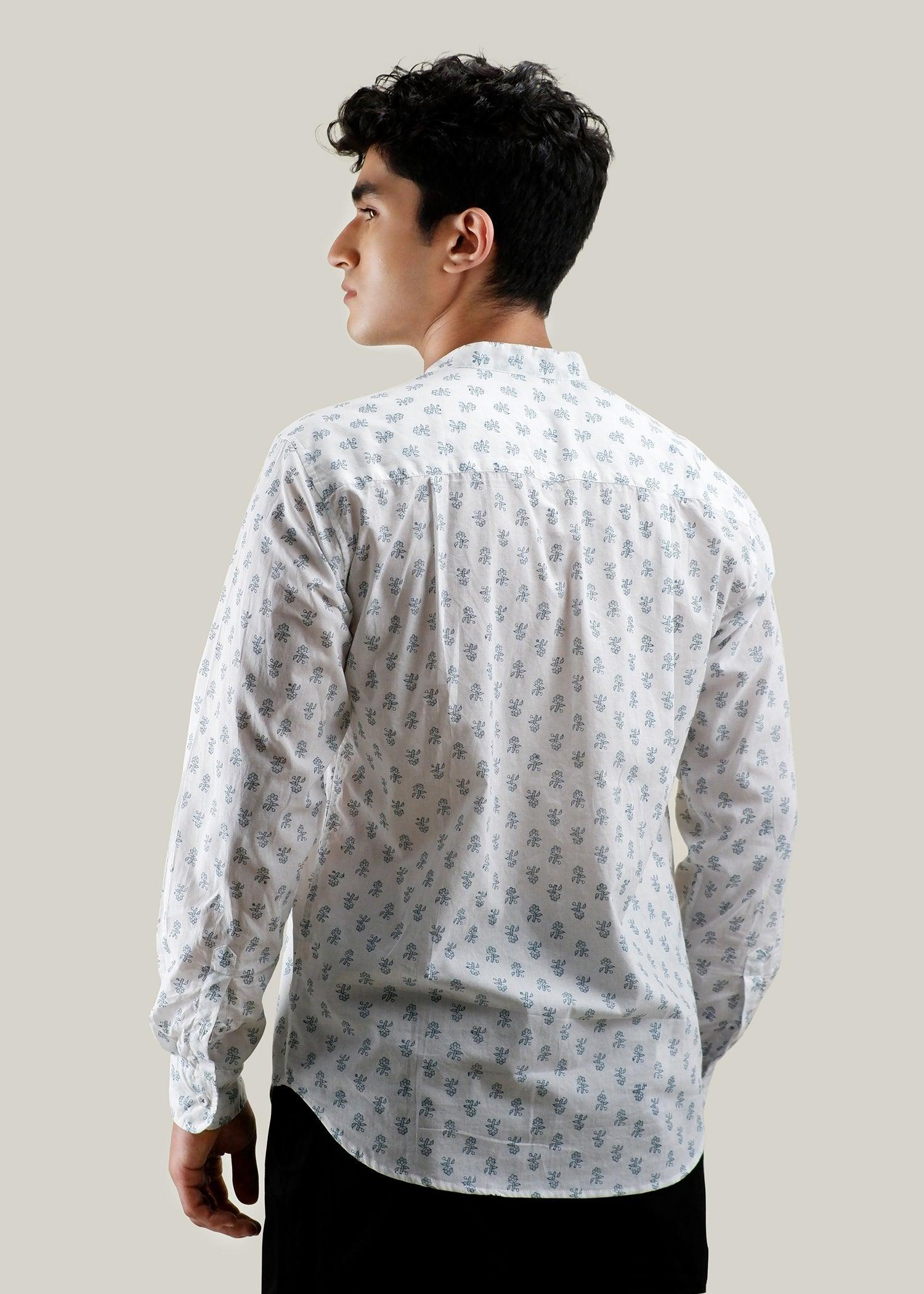 White & Blue Regular Cotton Full Sleeve Chinese Collar Shirt