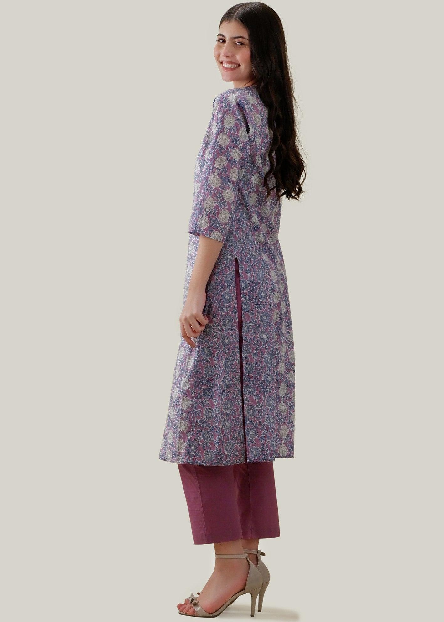 White & Purple Regular Cotton Chikankari Kurta