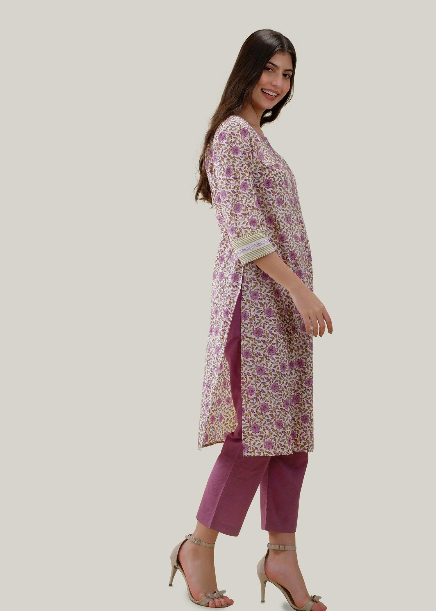 White & Purple Regular Cotton Upasana Kurta