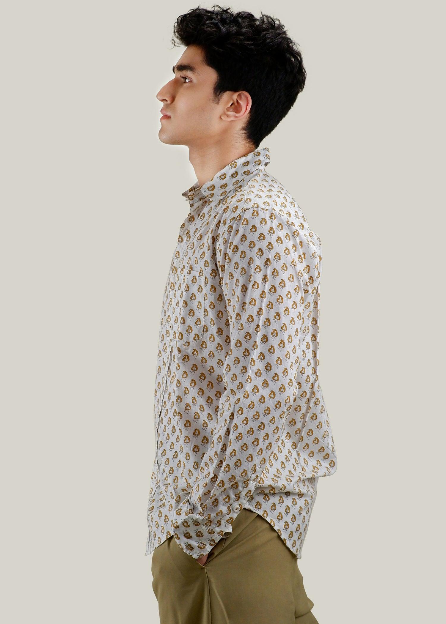 White/Ochre & Yellow Regular Cotton Full Sleeve Shirt