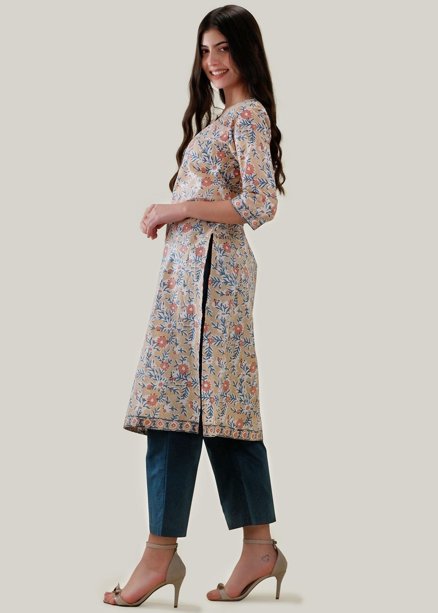 Peach Regular Cotton Upasana Kurta