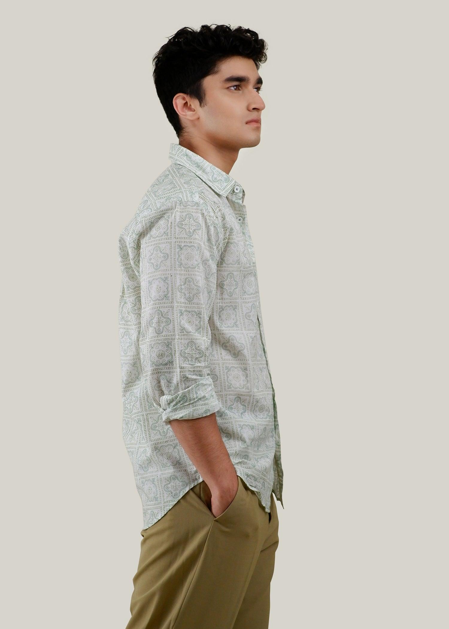 White & Grey Regular Cotton Full Sleeve Shirt