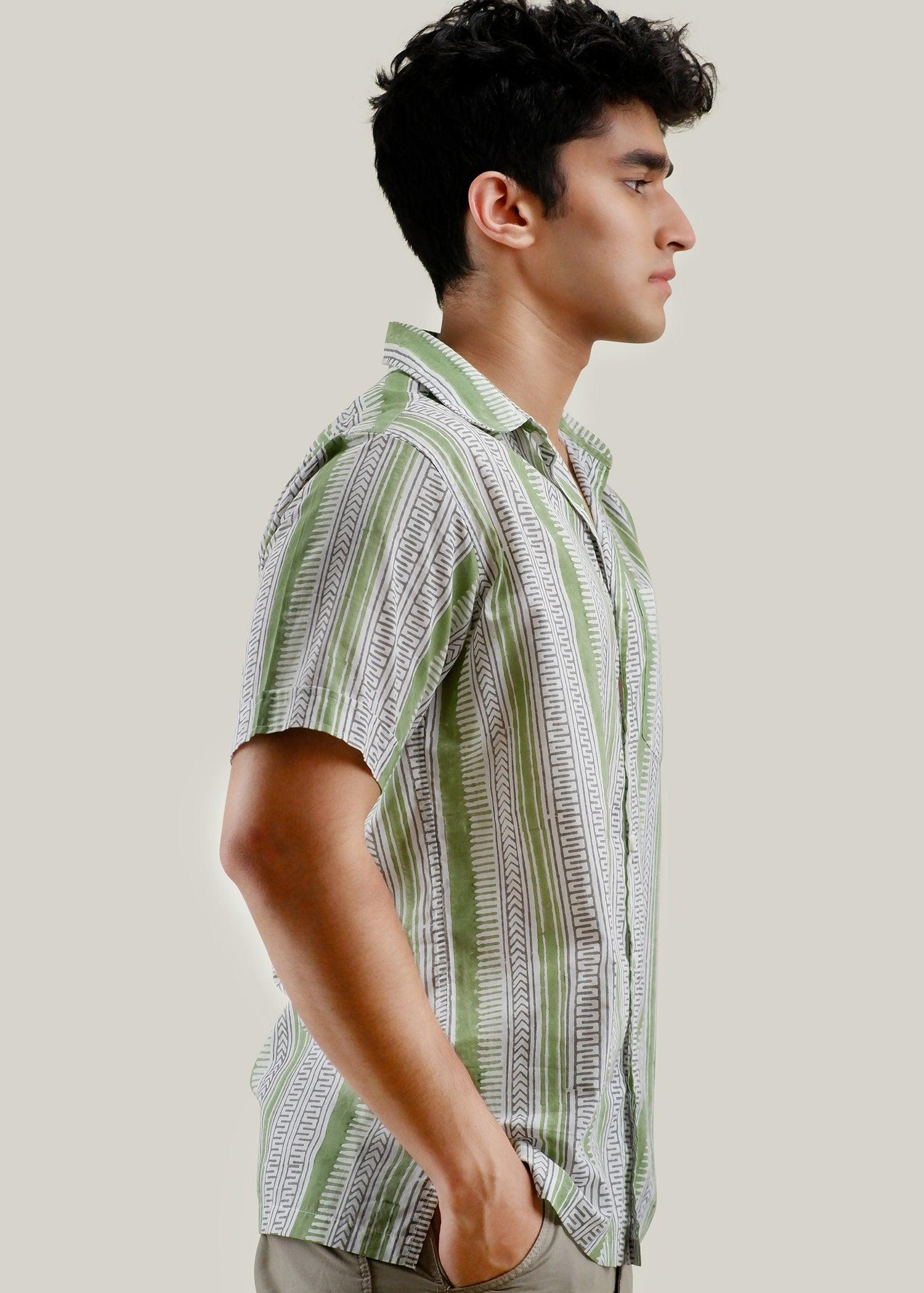 Charcoal & Green Regular Cotton Half Sleeve Shirt