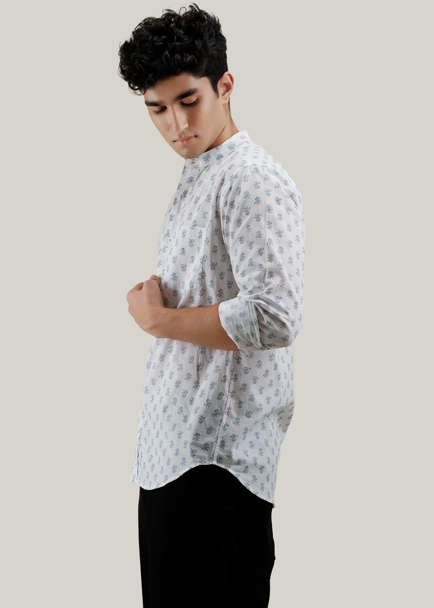 White & Blue Regular Cotton Full Sleeve Chinese Collar Shirt