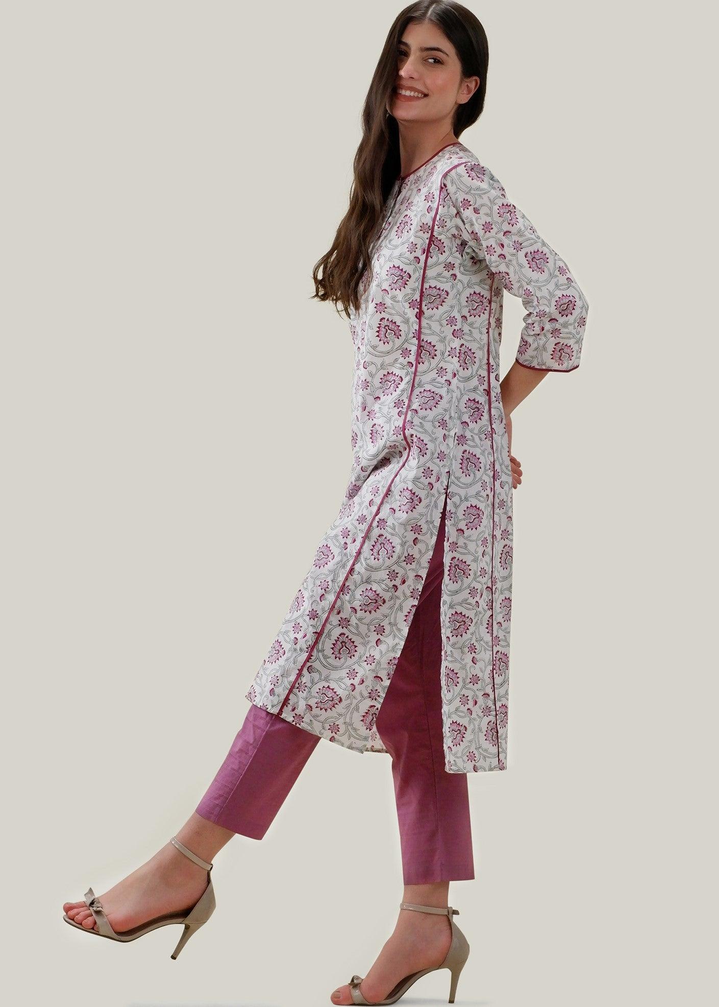 White & Pink Regular Cotton Chikankari Kurta