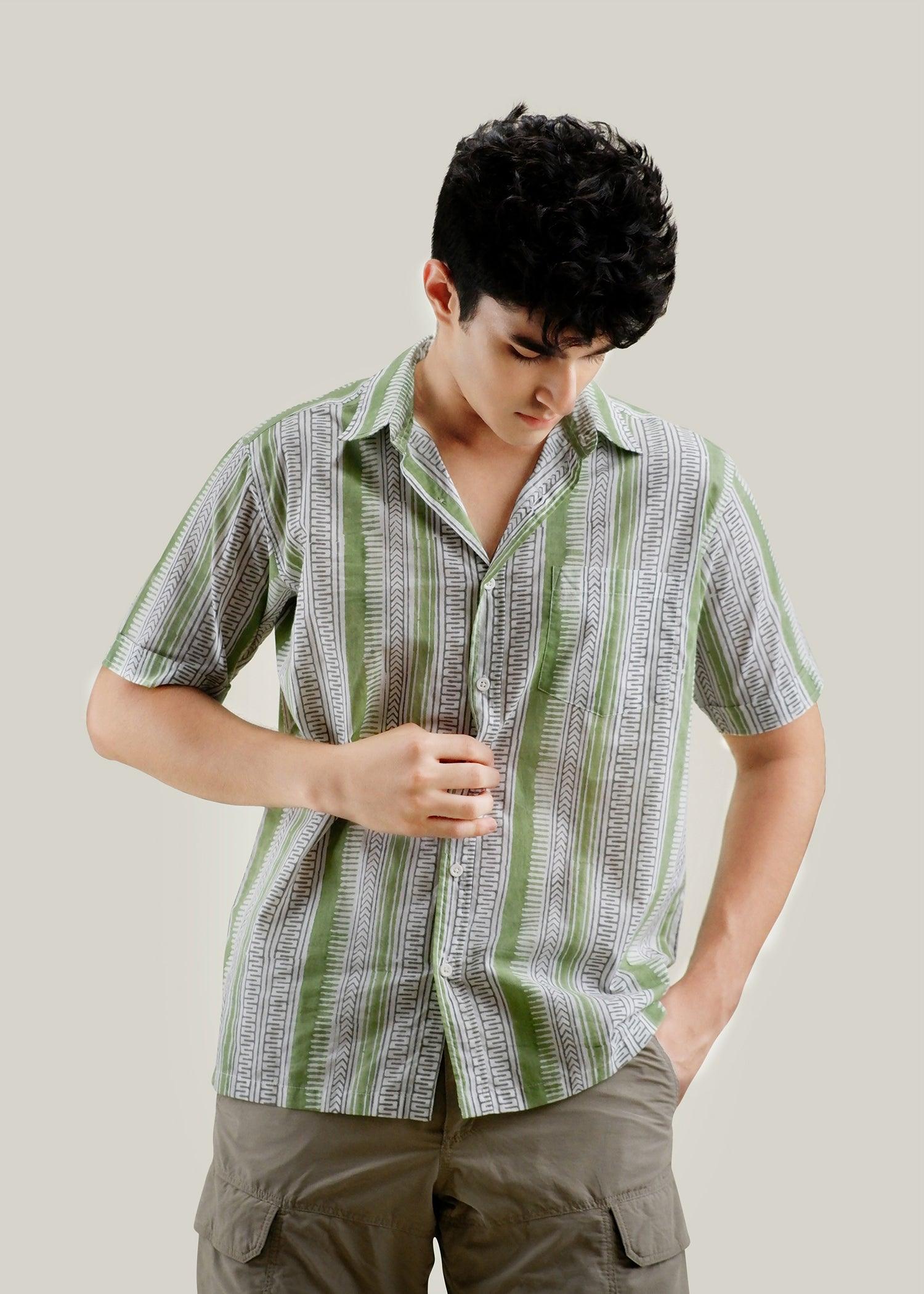 Charcoal & Green Regular Cotton Half Sleeve Shirt