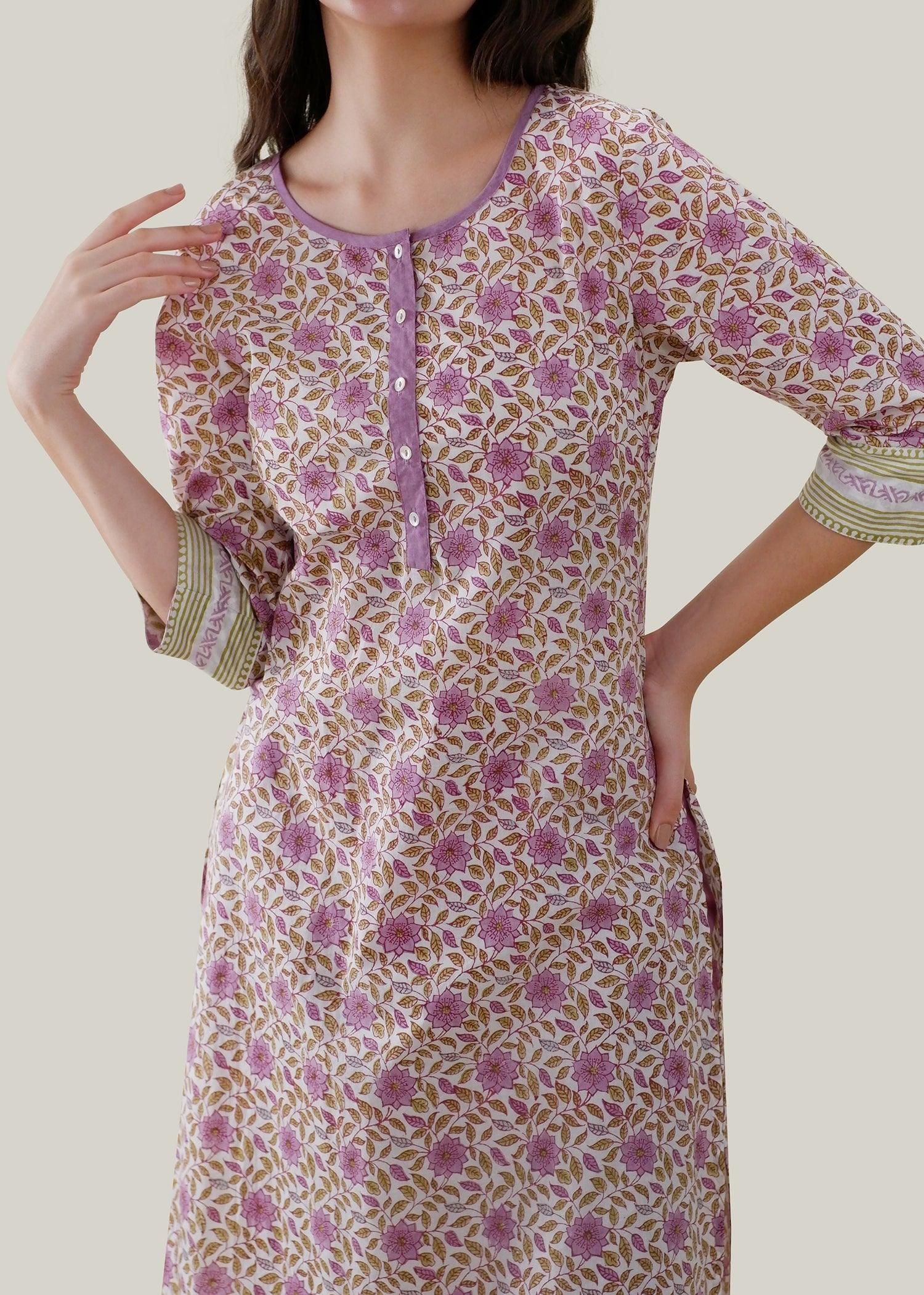 White & Purple Regular Cotton Upasana Kurta