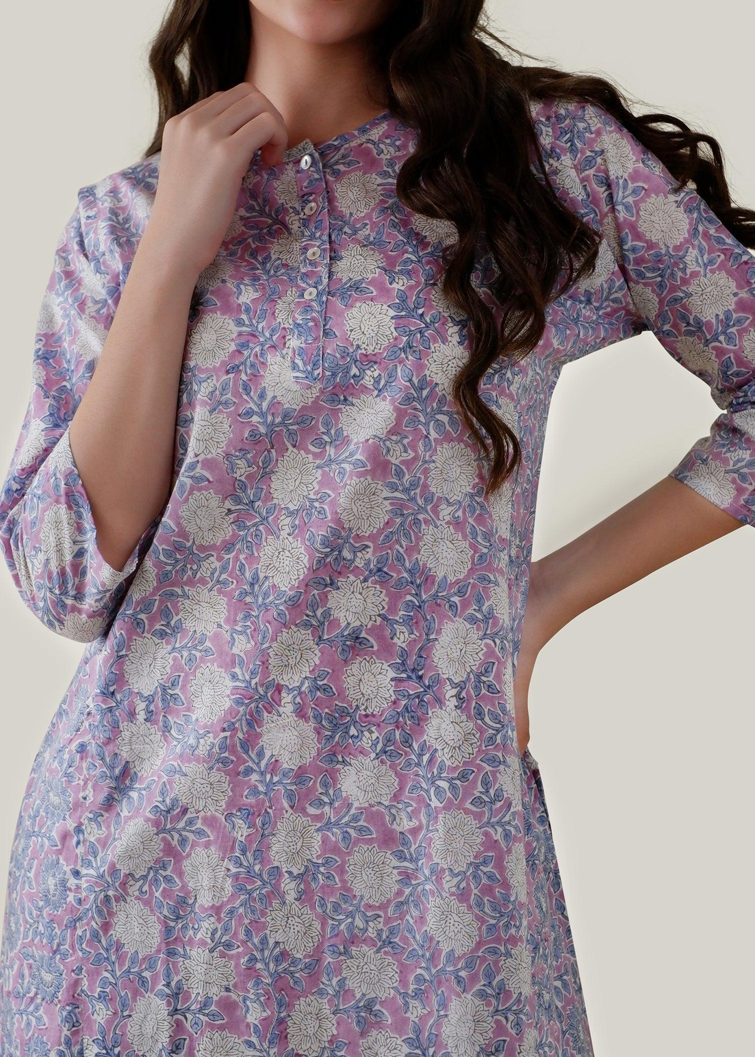 White & Purple Regular Cotton Chikankari Kurta