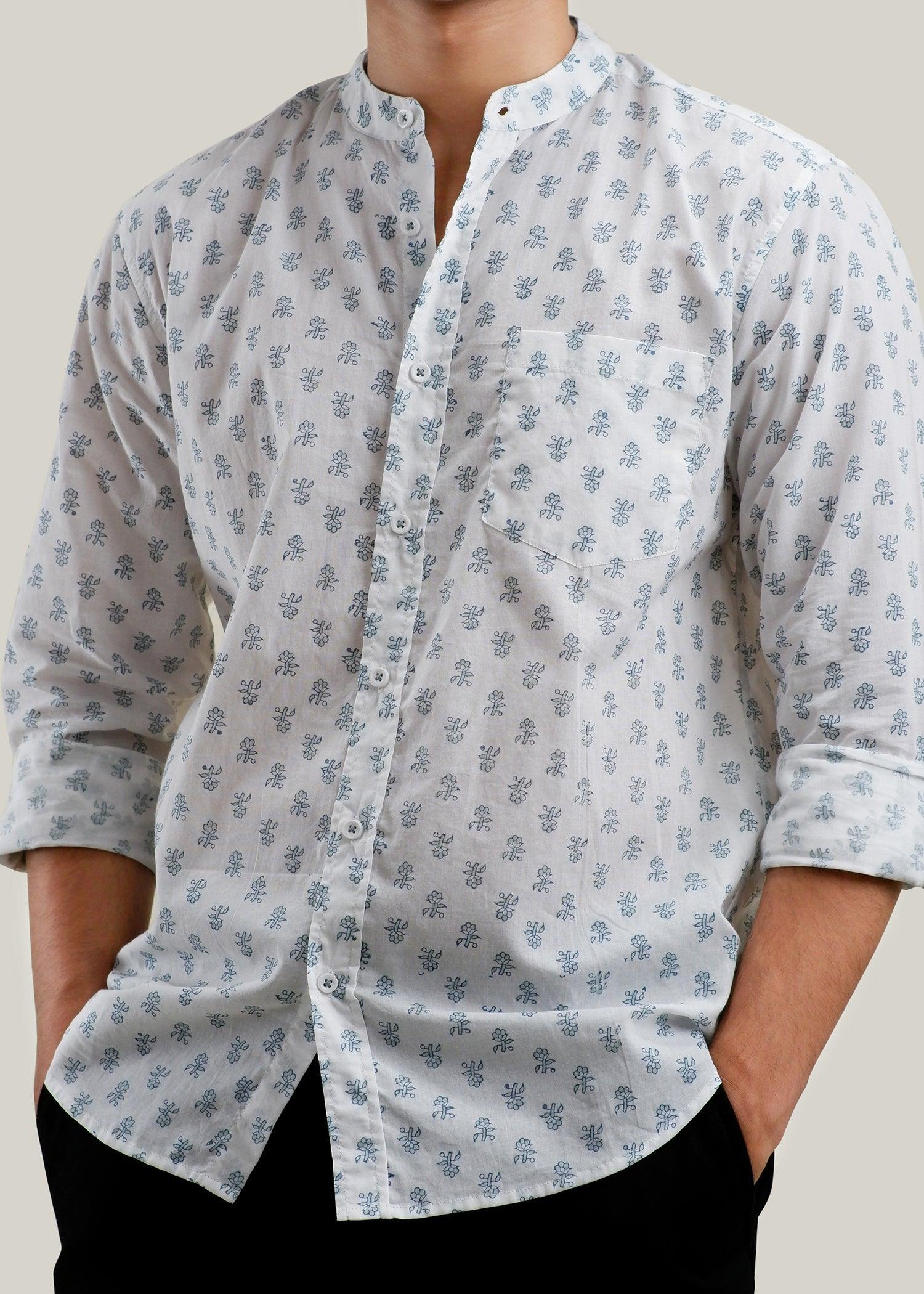 White & Blue Regular Cotton Full Sleeve Chinese Collar Shirt