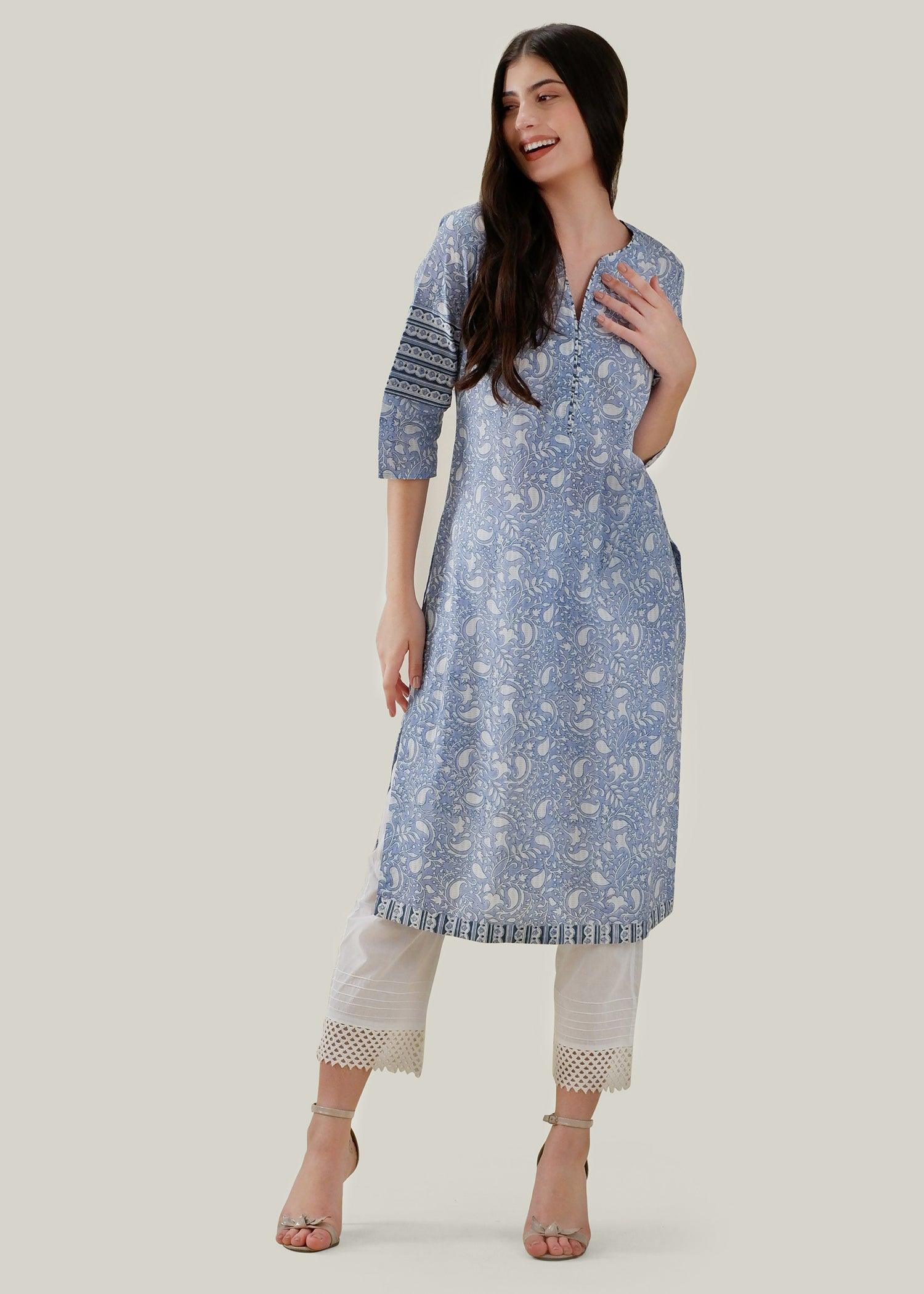 White & Blue Regular Cotton Kurta