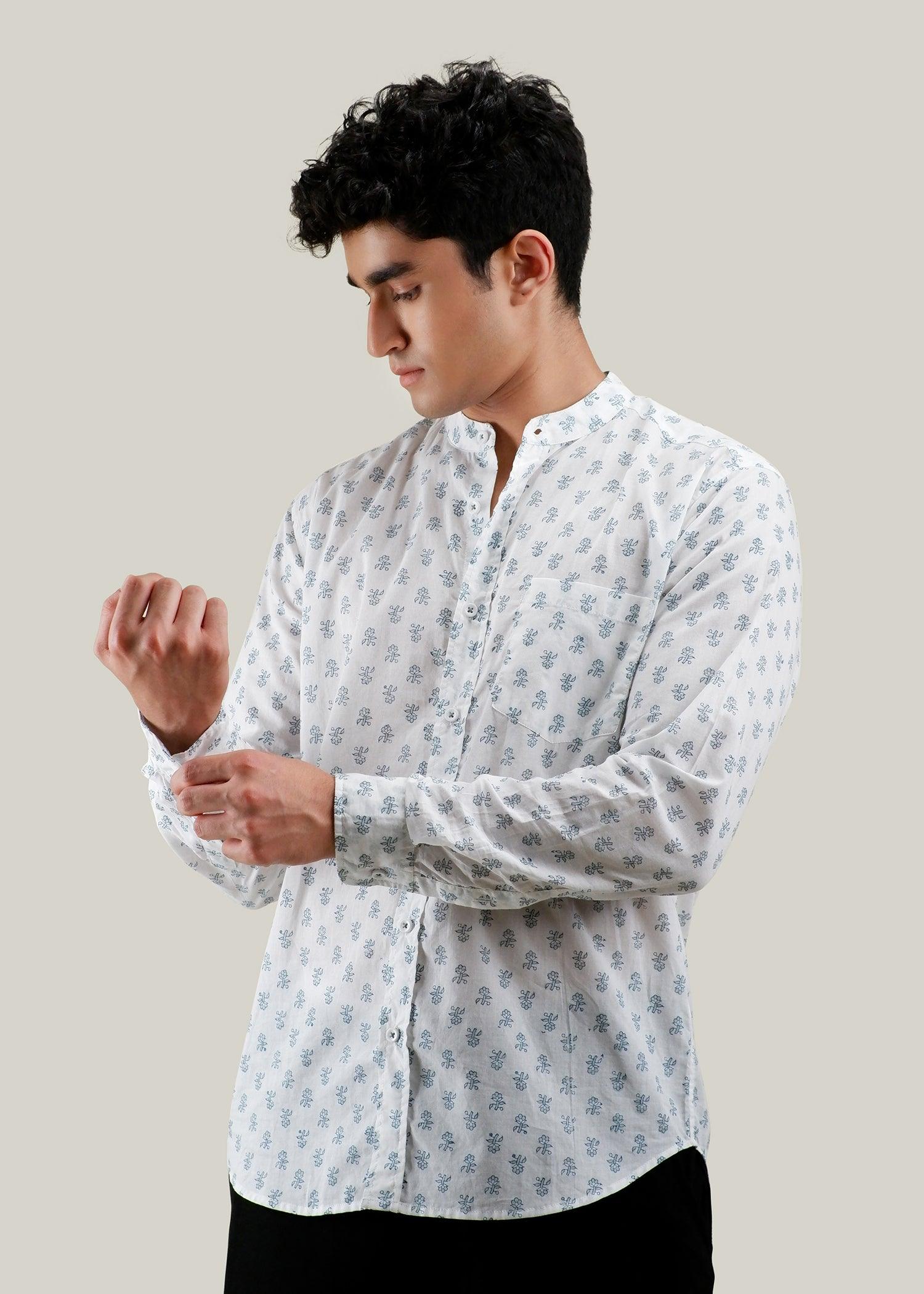 White & Blue Regular Cotton Full Sleeve Chinese Collar Shirt