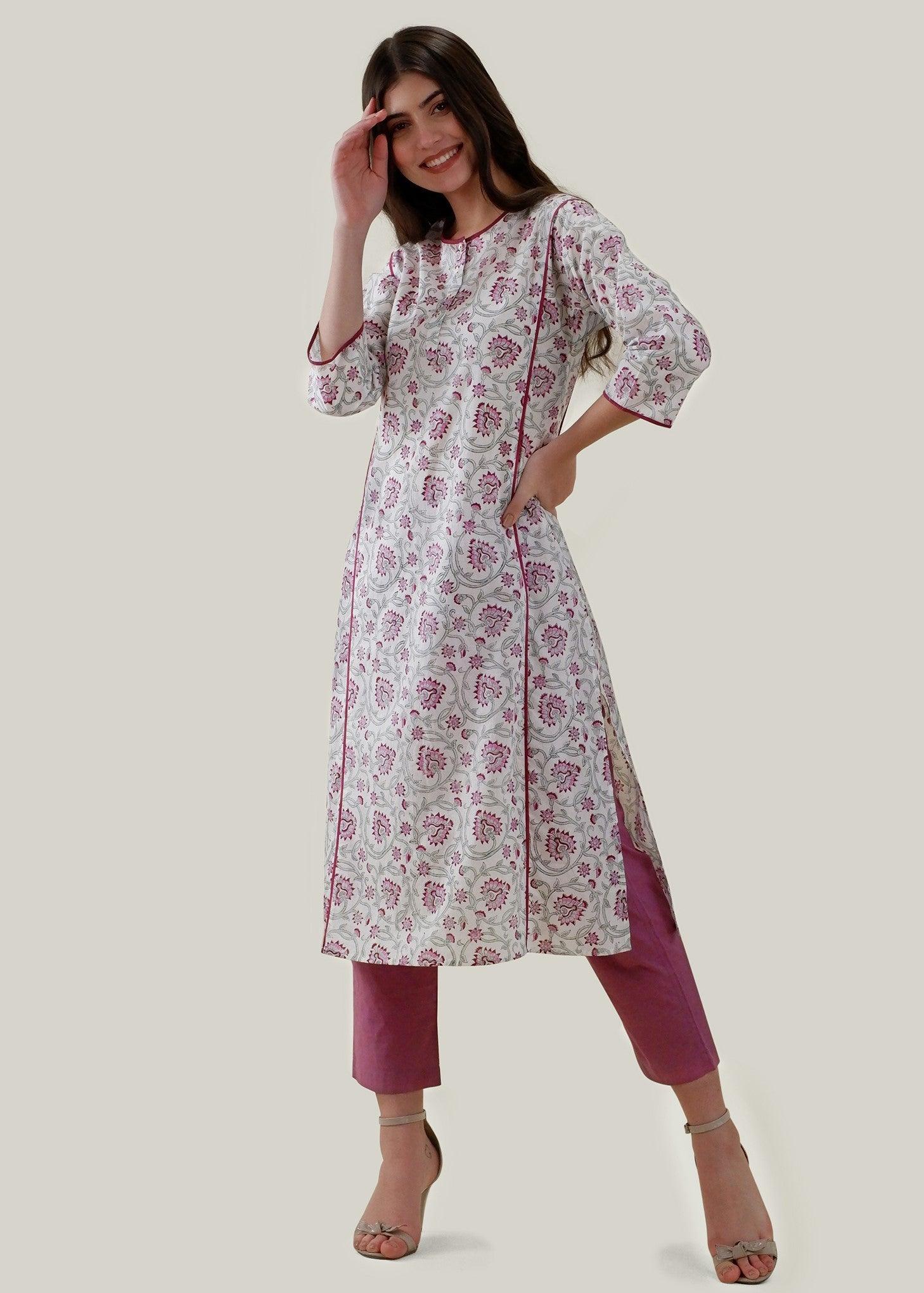 White & Pink Regular Cotton Chikankari Kurta