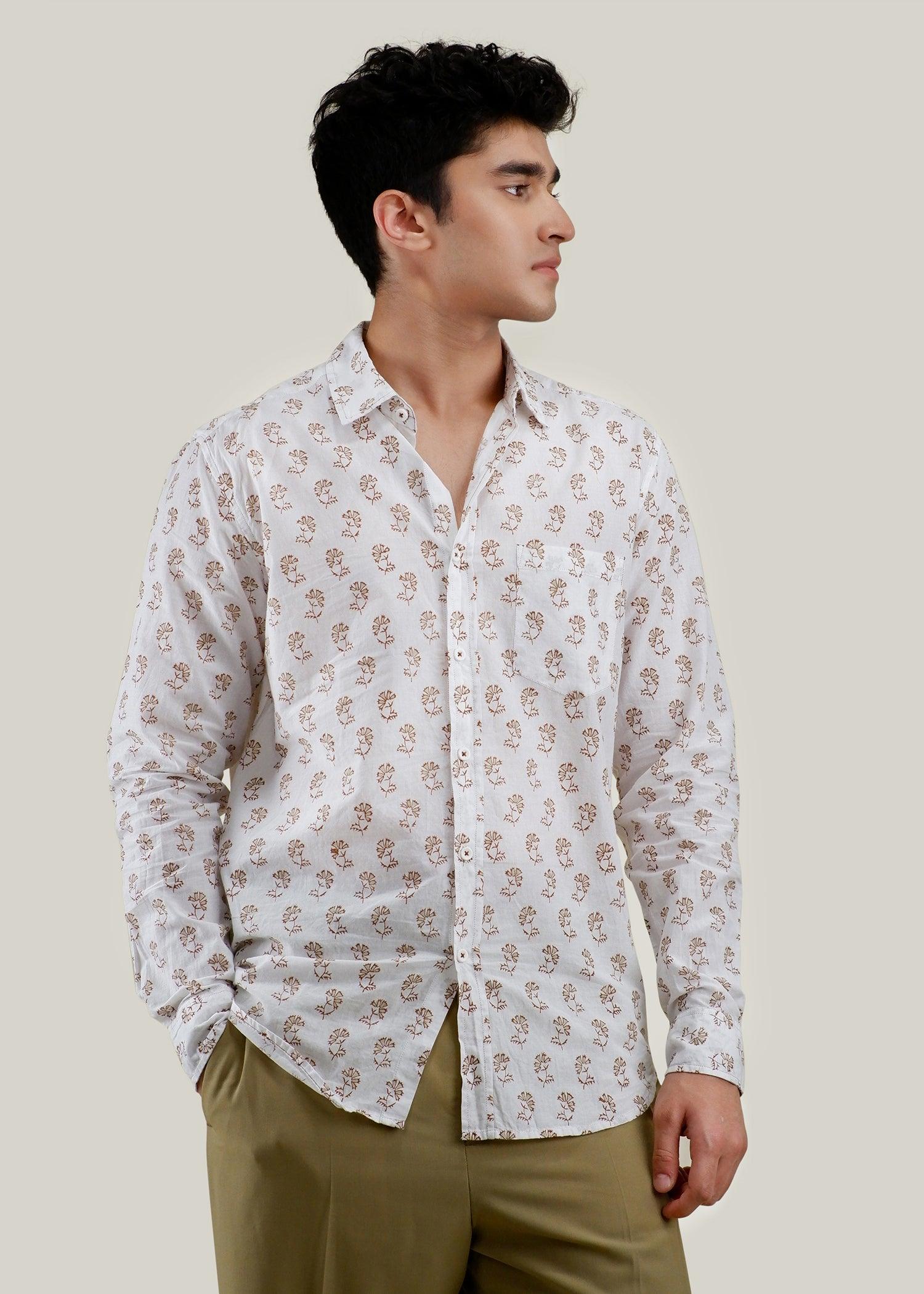 White/Ochre & Maroon Regular Cotton Full Sleeve Shirt