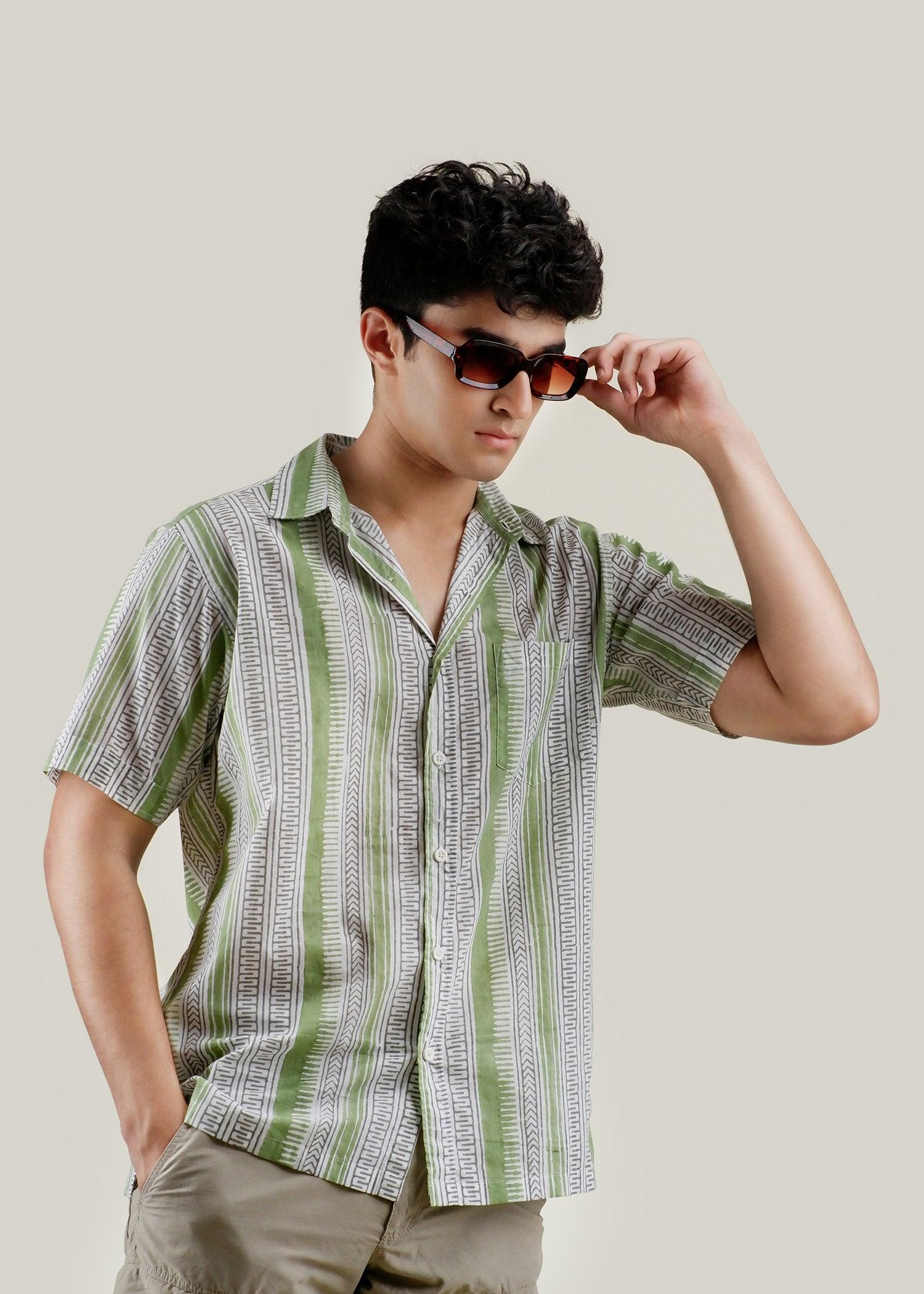 Charcoal & Green Regular Cotton Half Sleeve Shirt