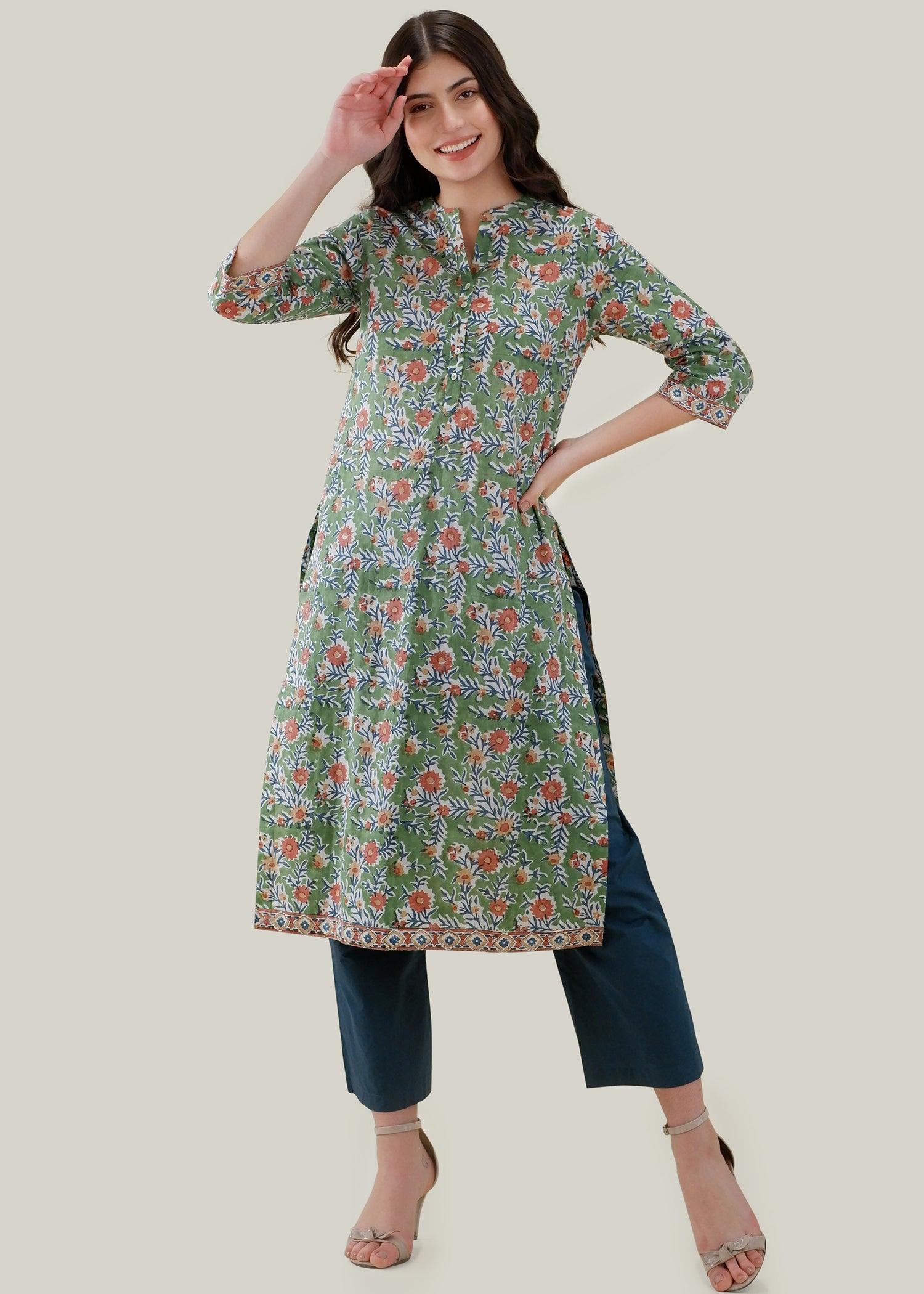 Green Regular Cotton Smriti Kurta