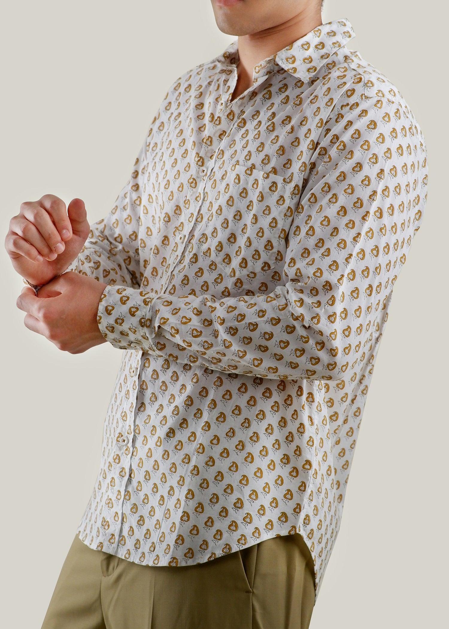 White/Ochre & Yellow Regular Cotton Full Sleeve Shirt