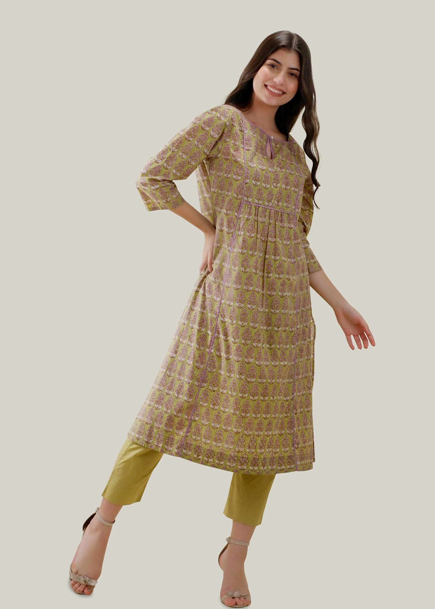 Olive Green Flared Voile Sehar Kurta