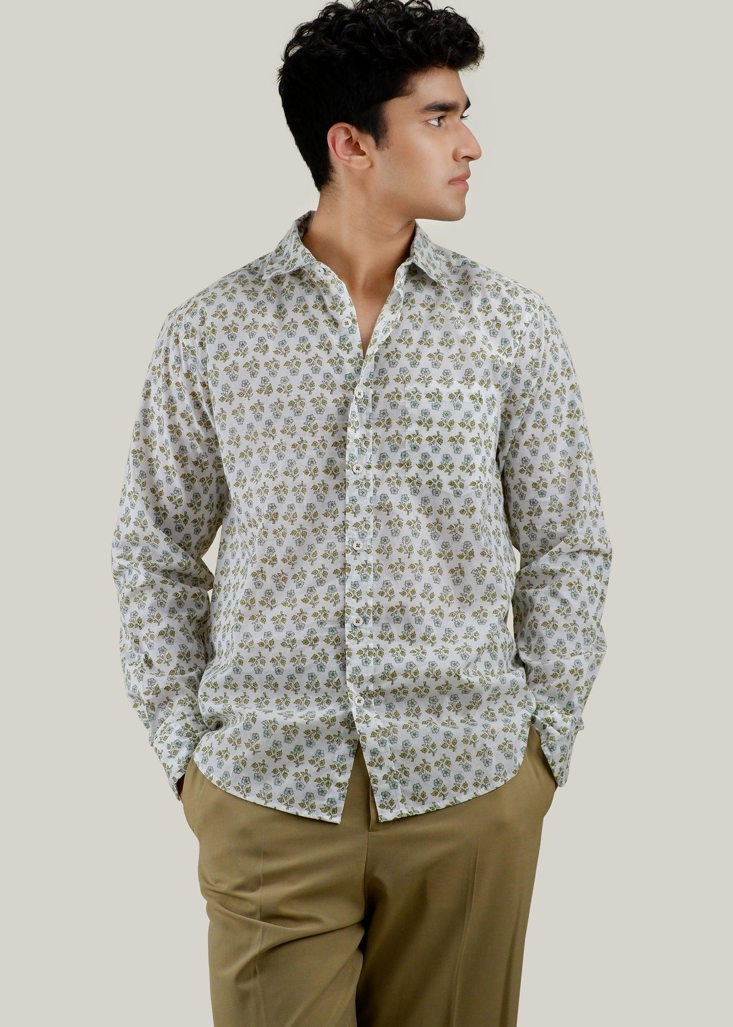 White/Blue & Green Regular Cotton Full Sleeve Shirt