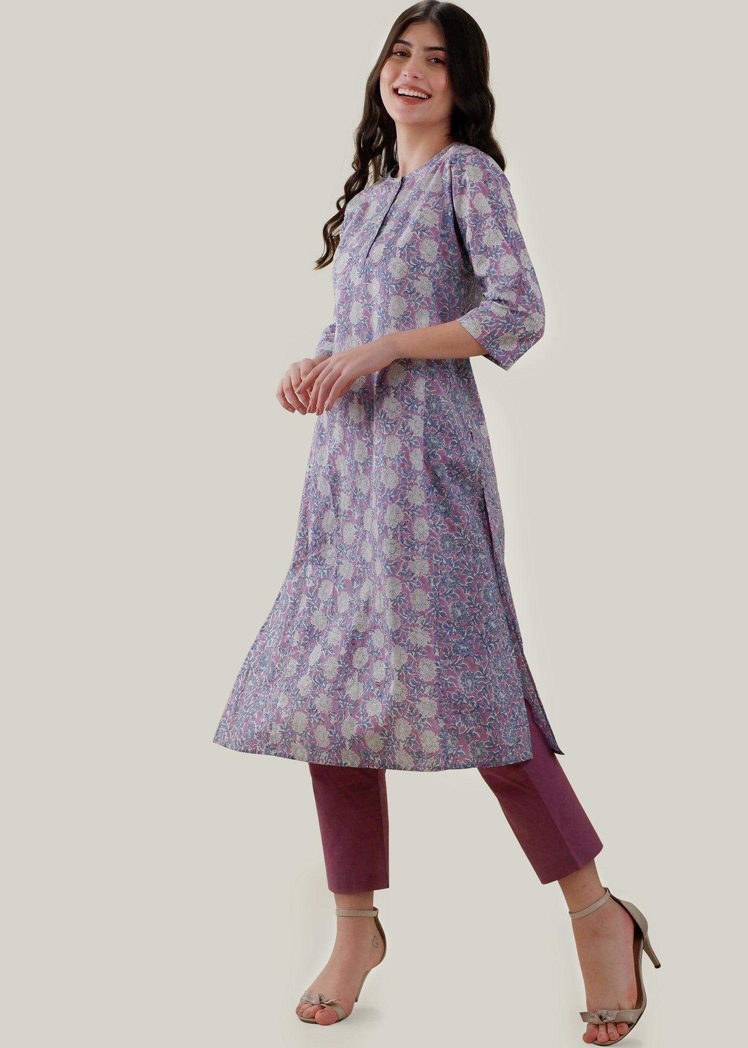 White & Purple Regular Cotton Chikankari Kurta