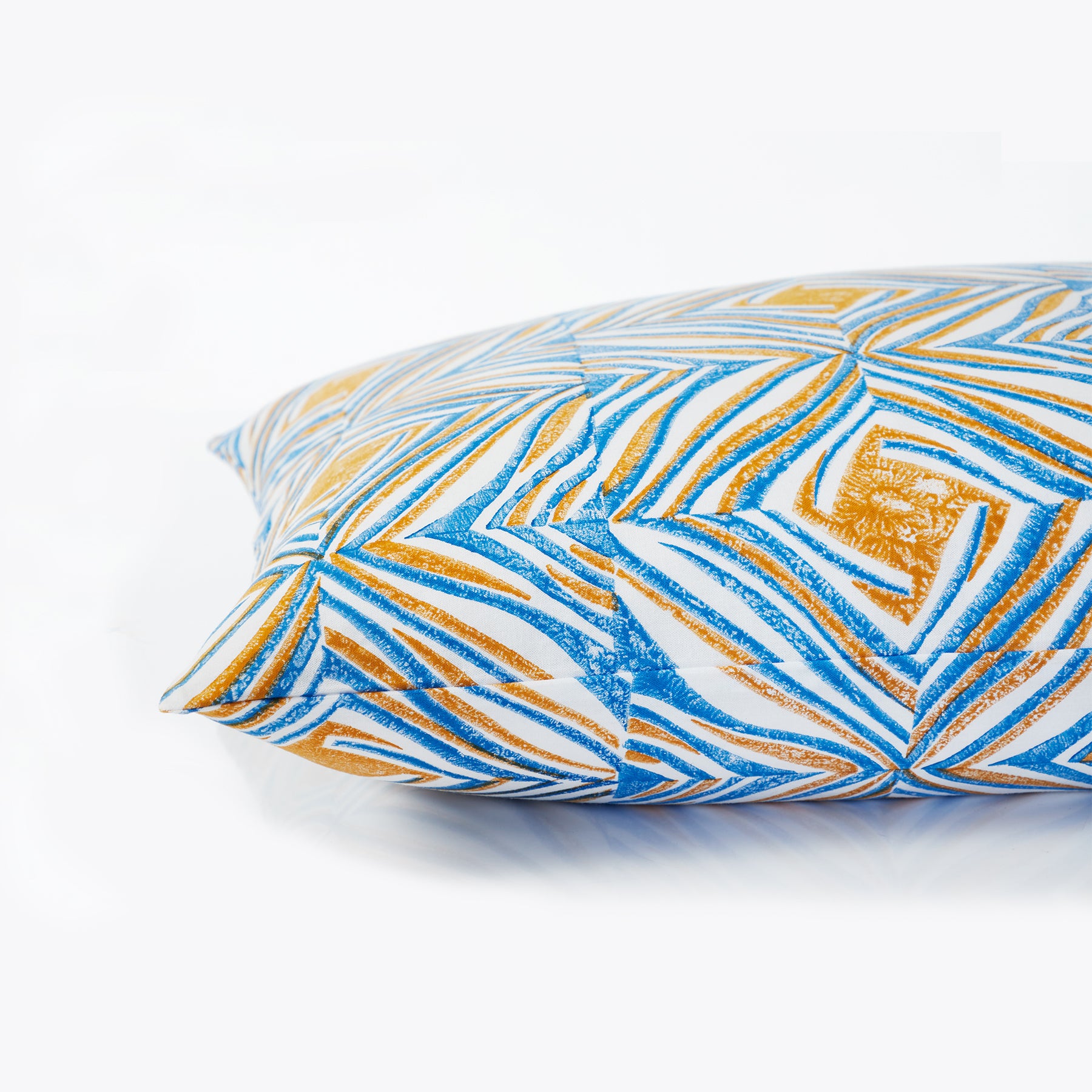 Monochromatic Mustard & Blue Hand Block Print Cotton Pillow Cover (40th Edition)