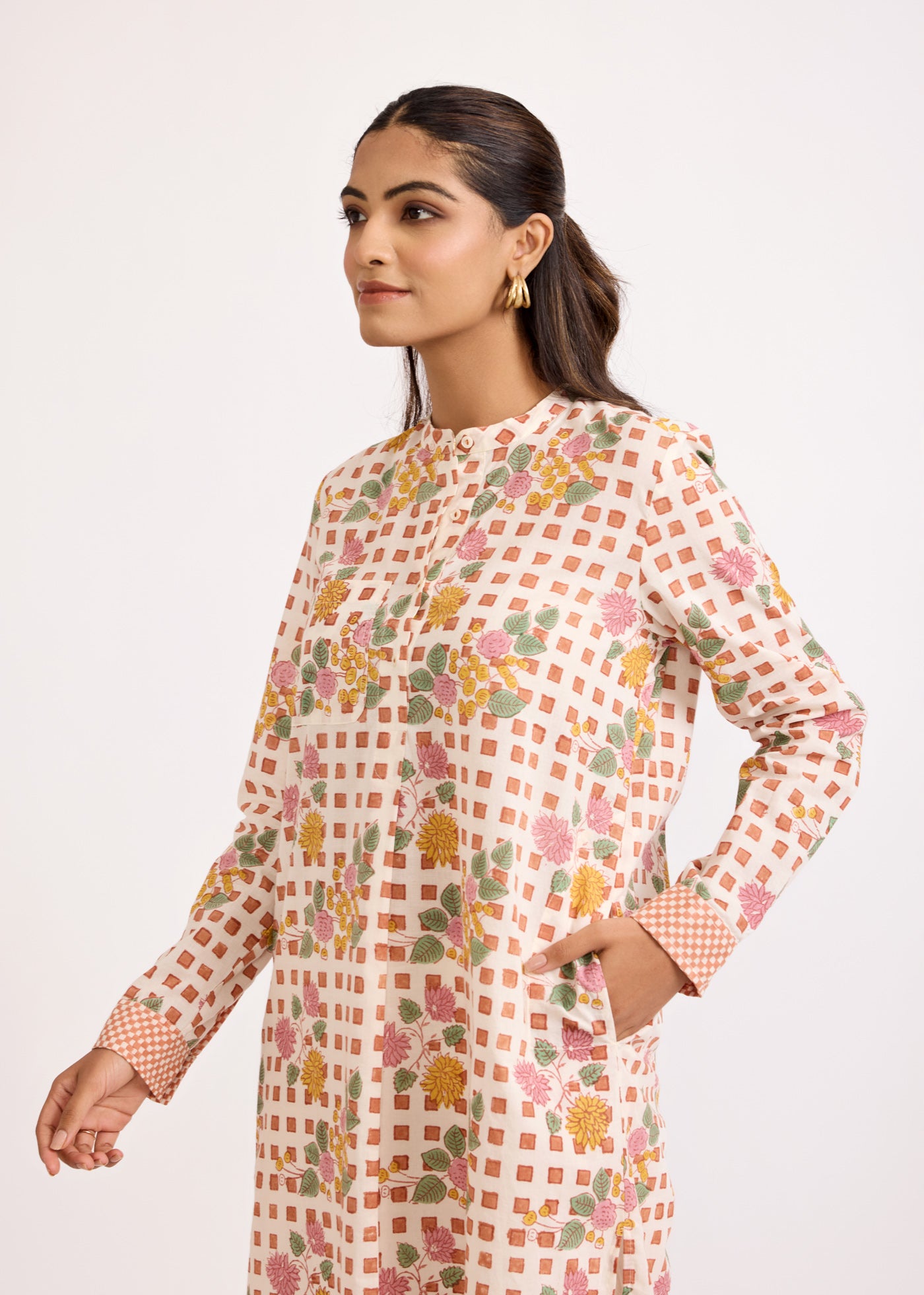 Kareeno Cotton Kurta Dress-Brown/Pink