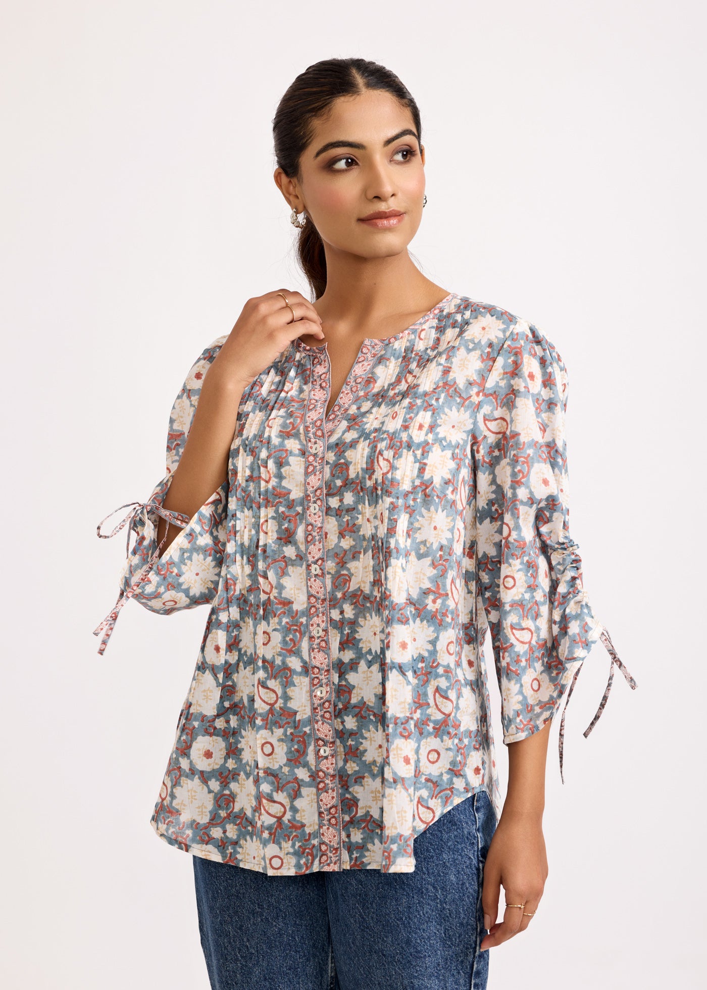 Floral Printed Cotton Top with Ruched Sleeves-Blue