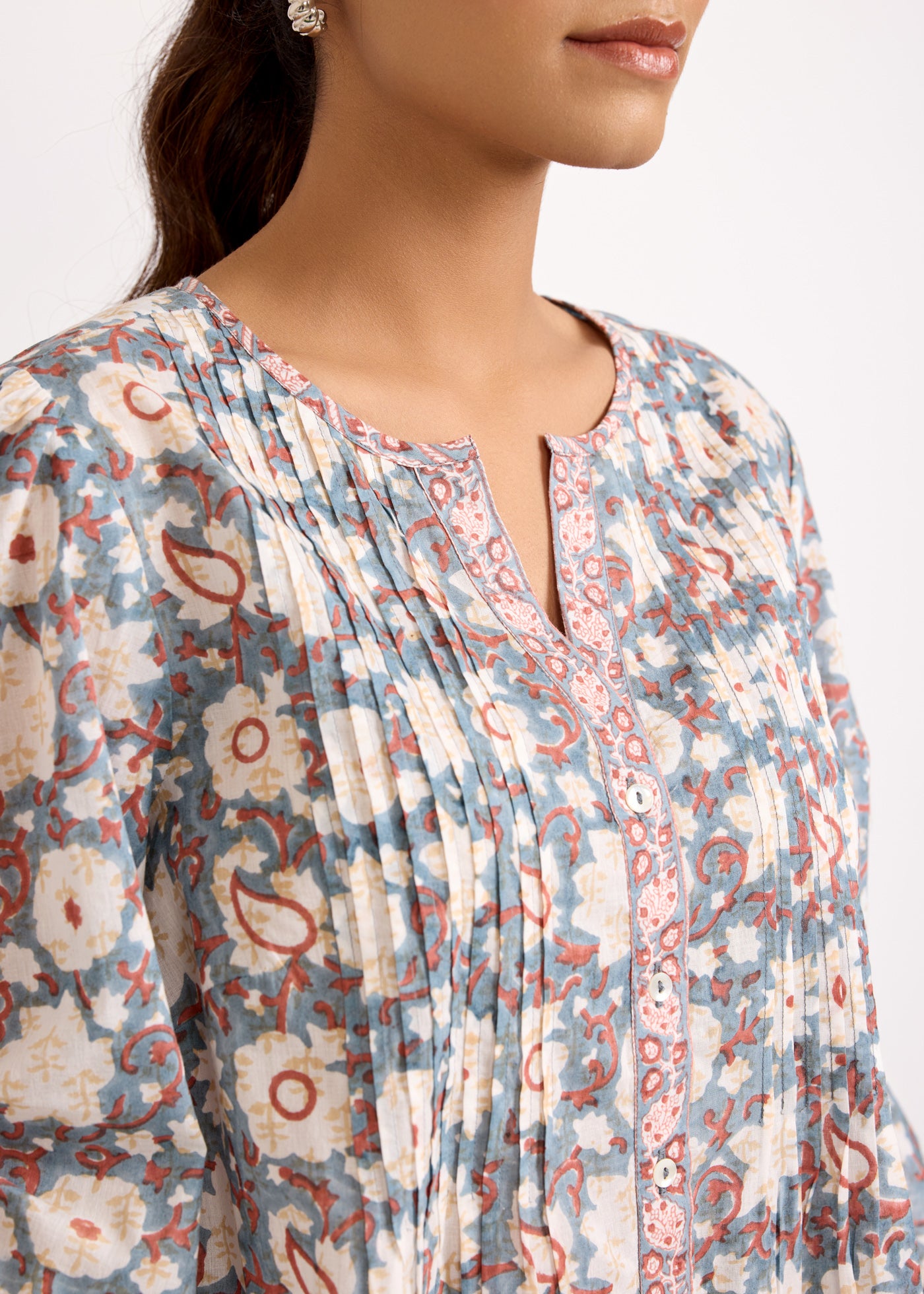 Floral Printed Cotton Top with Ruched Sleeves-Blue