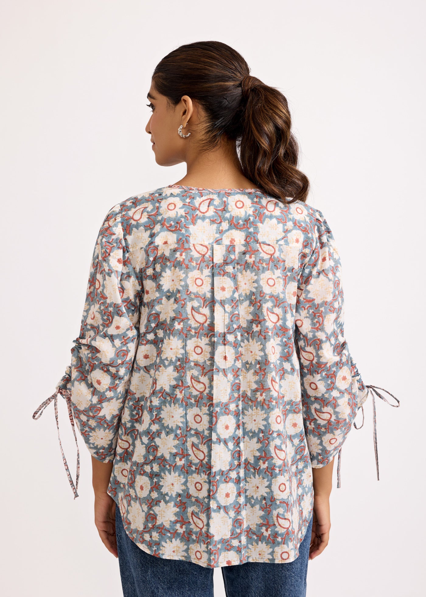 Floral Printed Cotton Top with Ruched Sleeves-Blue