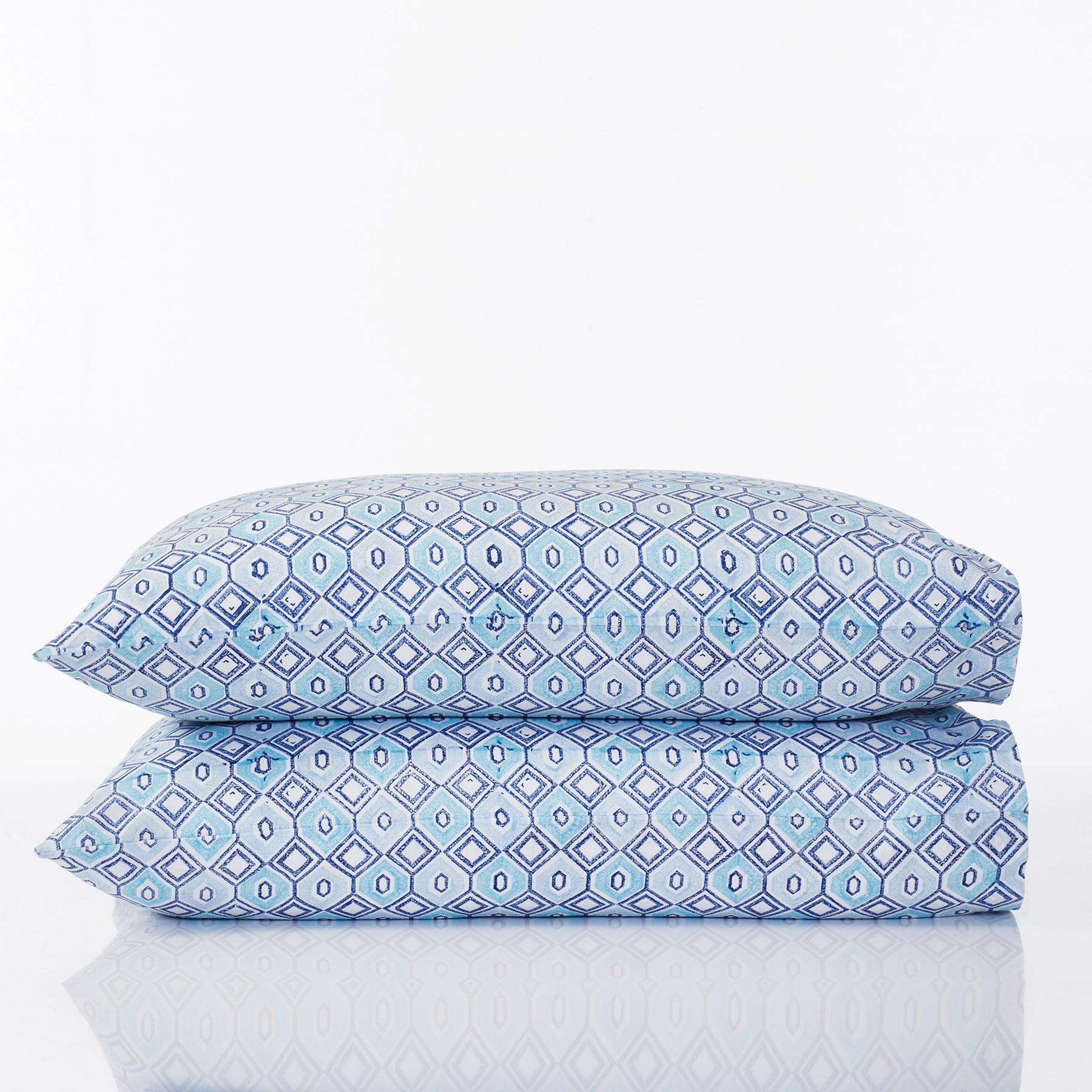 Geometric Aqua Blue Hand Block Print Cotton Pillow Cover