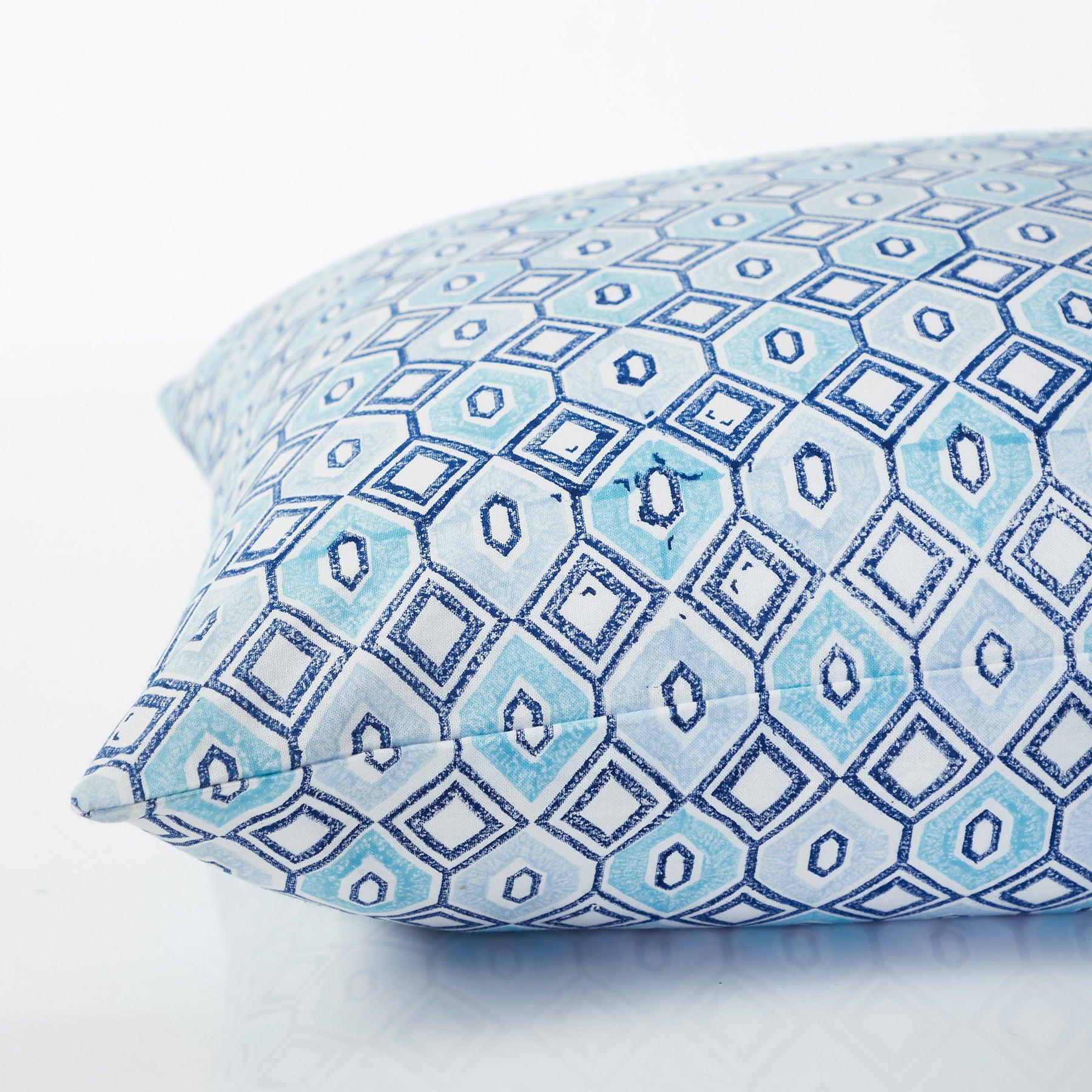 Geometric Aqua Blue Hand Block Print Cotton Cushion Cover