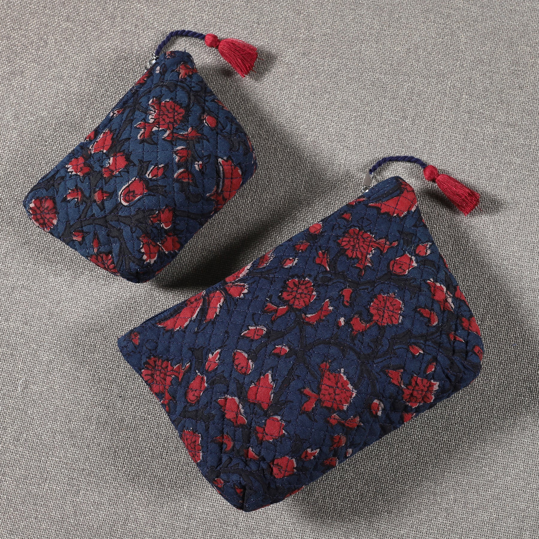 Bagru Blue Quilted Cotton Trinket Pouch (Set of 2) Ratan Texprocess Pvt. Ltd