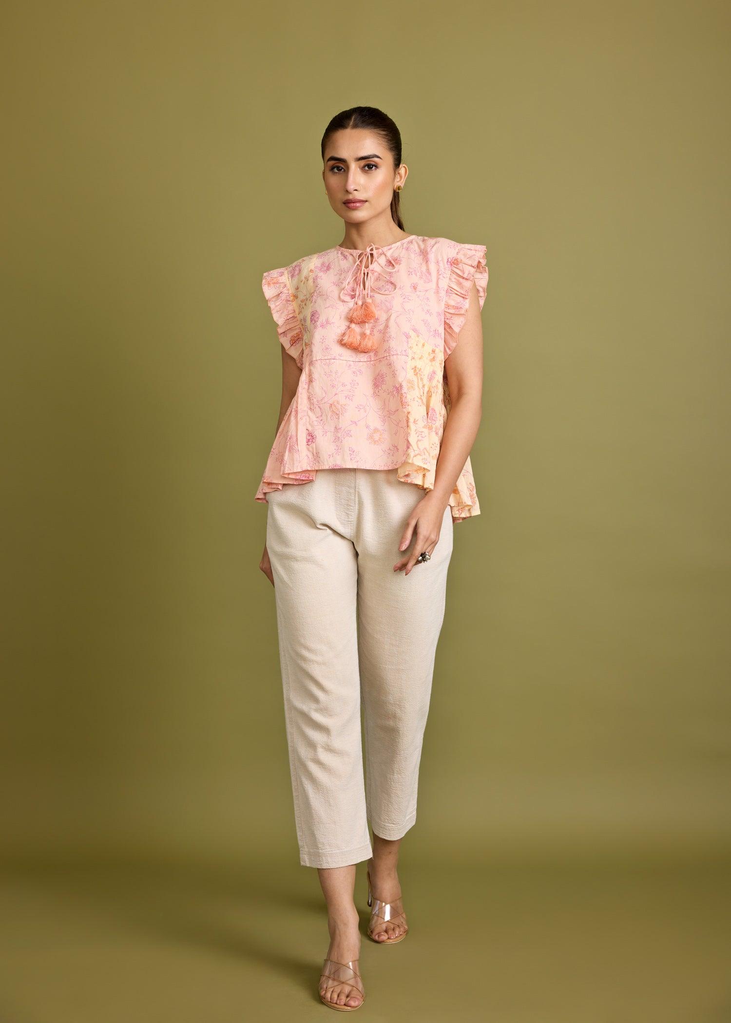 Tropical Peach Voile Pleated Frill Top Ratan Texprocess Pvt. Ltd