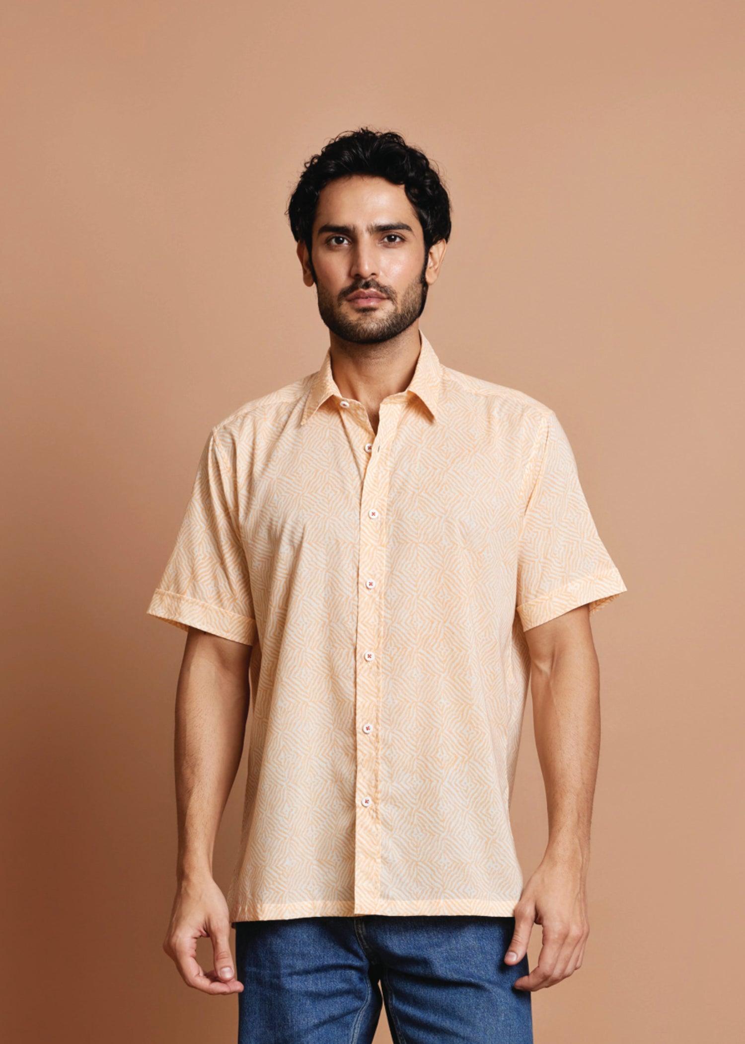 Crème & Orange Regular Cotton Half Sleeve Shirt Ratan Texprocess Pvt. Ltd