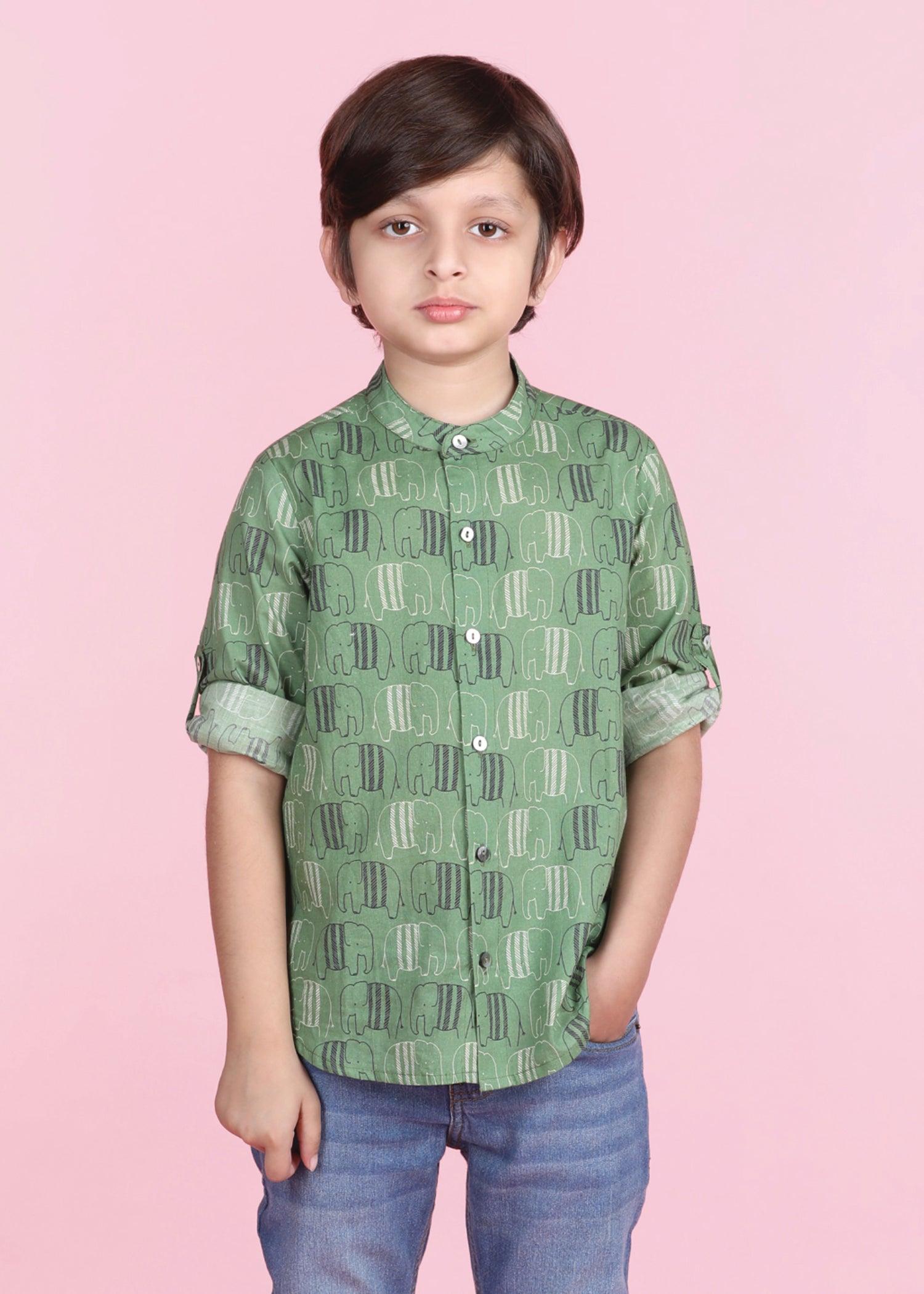 Crayon Elephant Green  Cotton Full Sleeves Shirt Boy  (6 Months -12 Years) Ratan Texprocess Pvt. Ltd