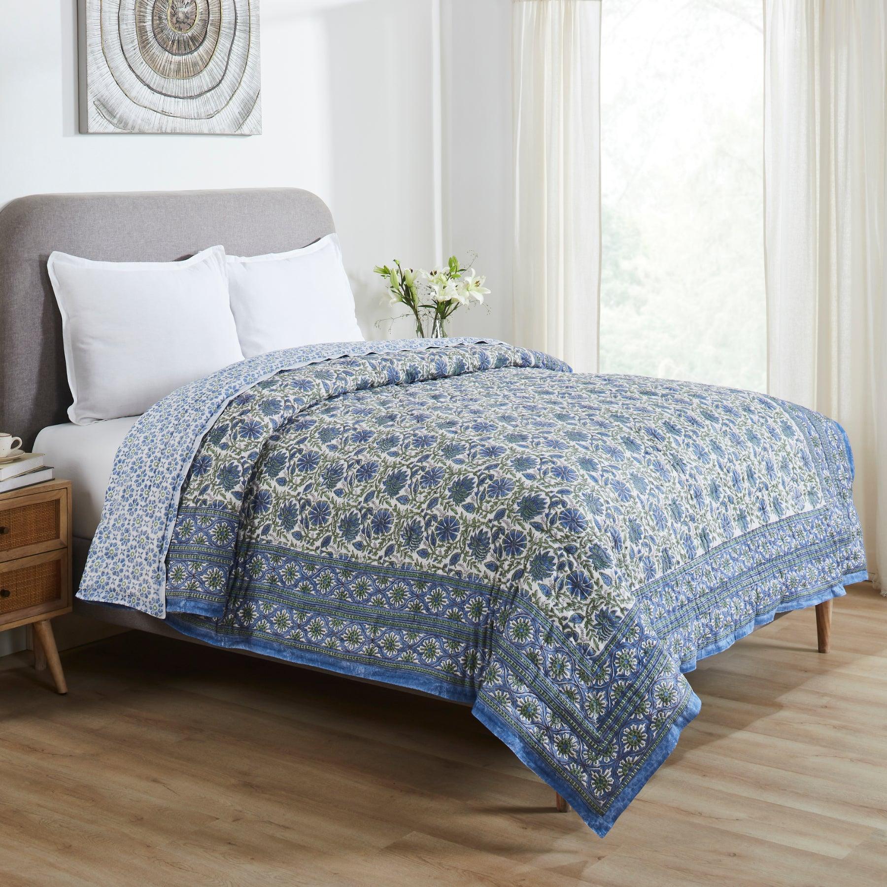 Floral Harmony Blue & Green Hand Block Print Lightweight Cotton Quilt Ratan Texprocess Pvt. Ltd