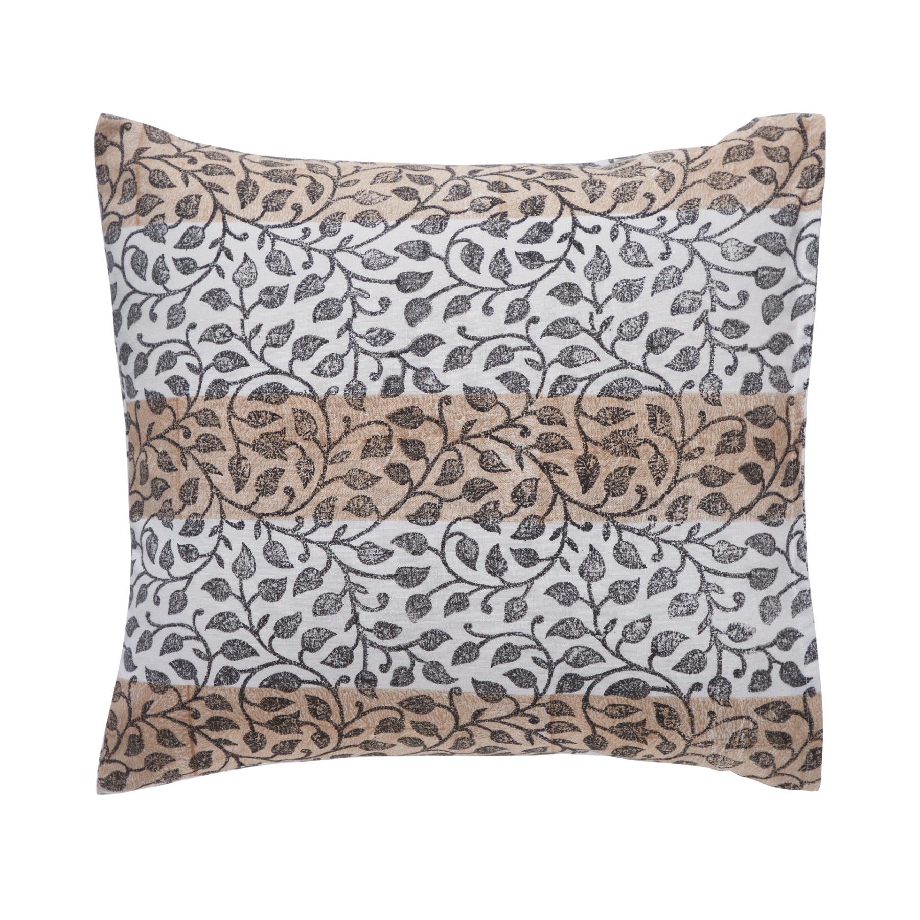 Leaf Trellis Beige & Charcoal Hand Block Print Cotton Cushion Cover Ratan Texprocess Pvt. Ltd