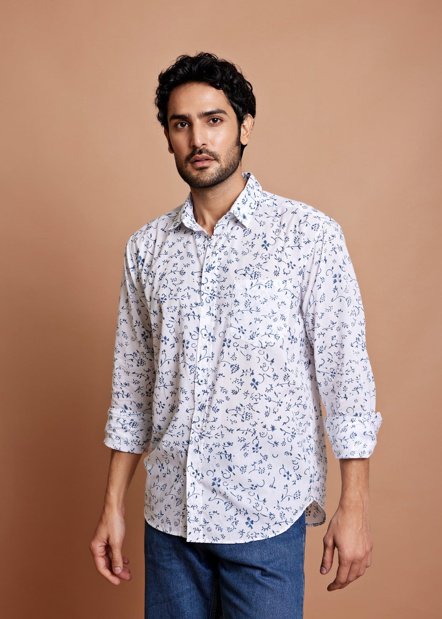 White & Marine Blue Regular Cotton Full Sleeve Shirt Ratan Texprocess Pvt. Ltd