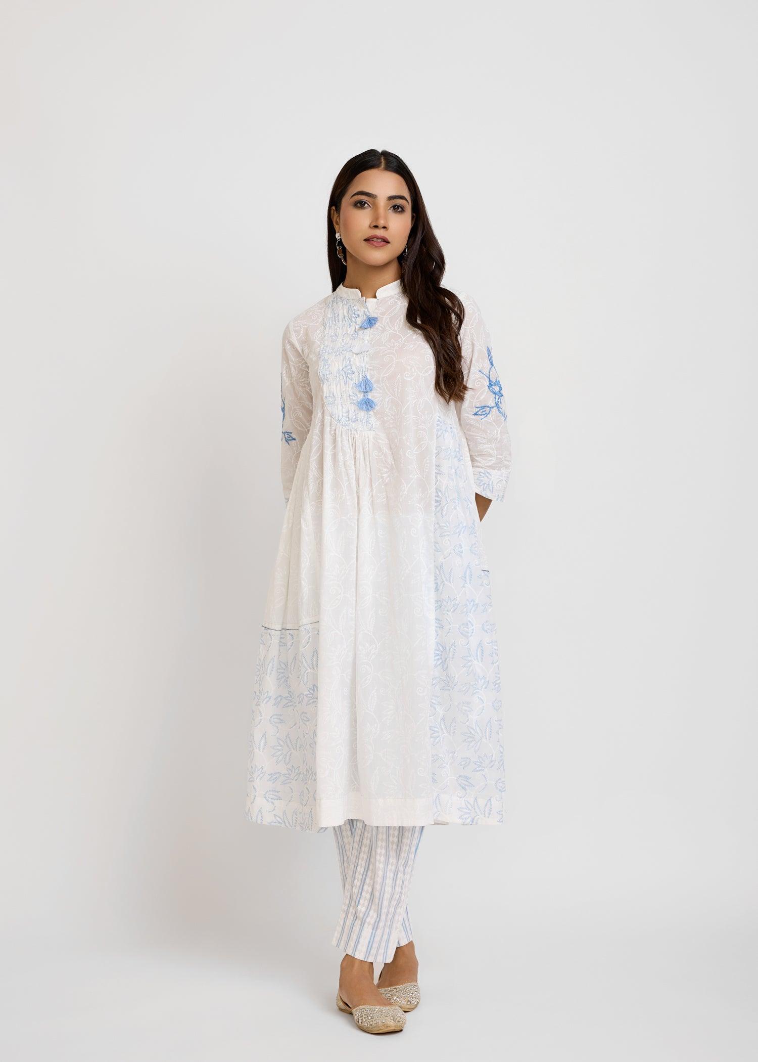 Gathered White & Blue Kurta Ratan Texprocess Pvt. Ltd