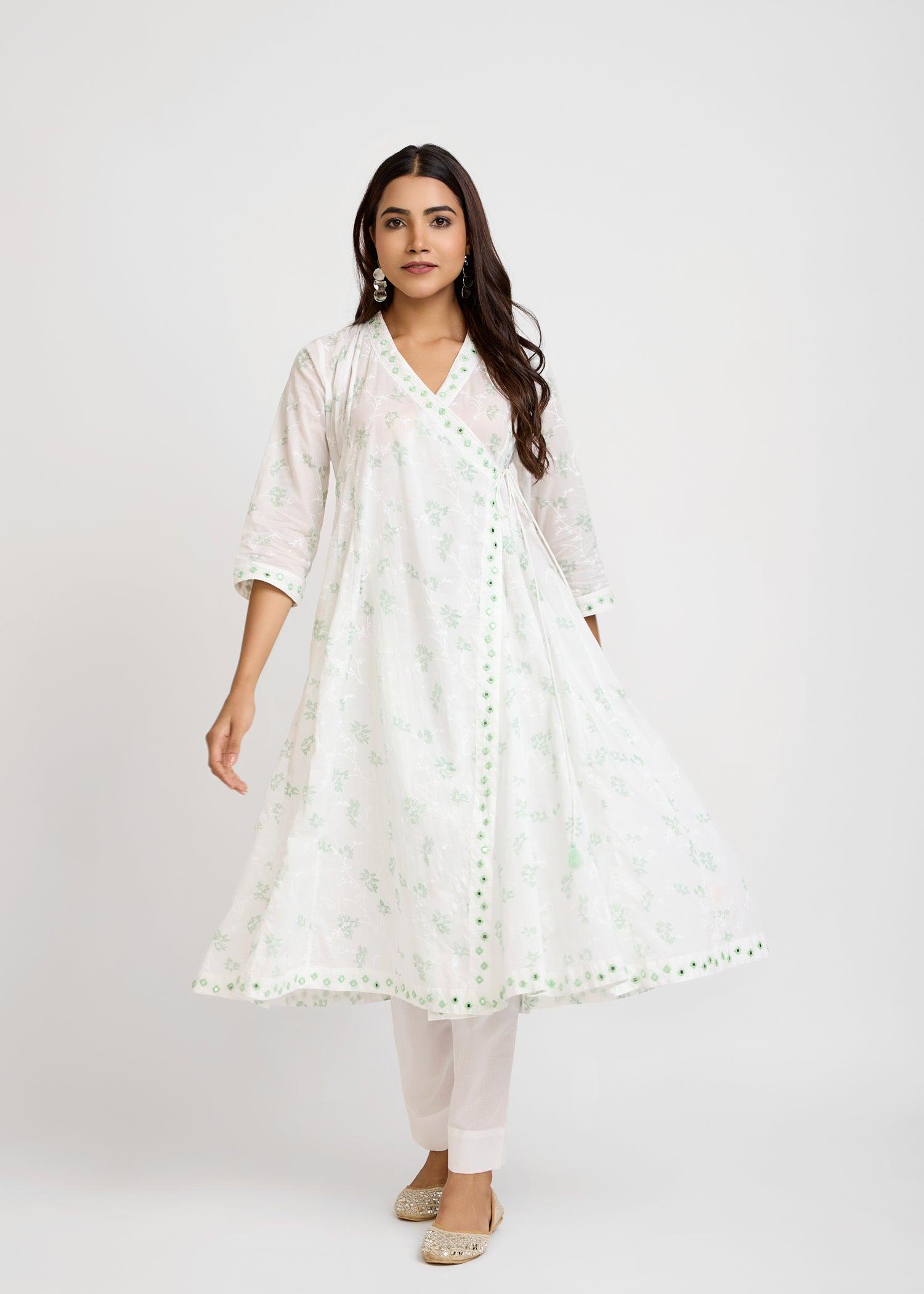 Kalidar Achkan White & Green Cotton Long Kurta Ratan Texprocess Pvt. Ltd