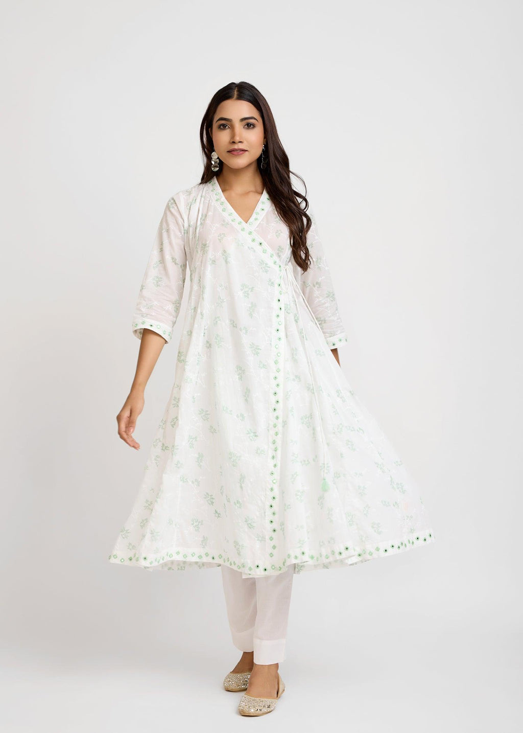 Kalidar Achkan White & Green Cotton Long Kurta