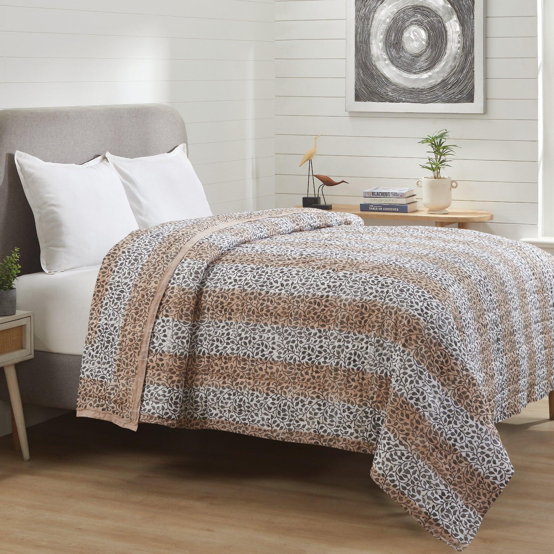 Leaf Trellis Beige & Charcoal Hand Block Print Extra Cotton Filling Quilt Ratan Texprocess Pvt. Ltd