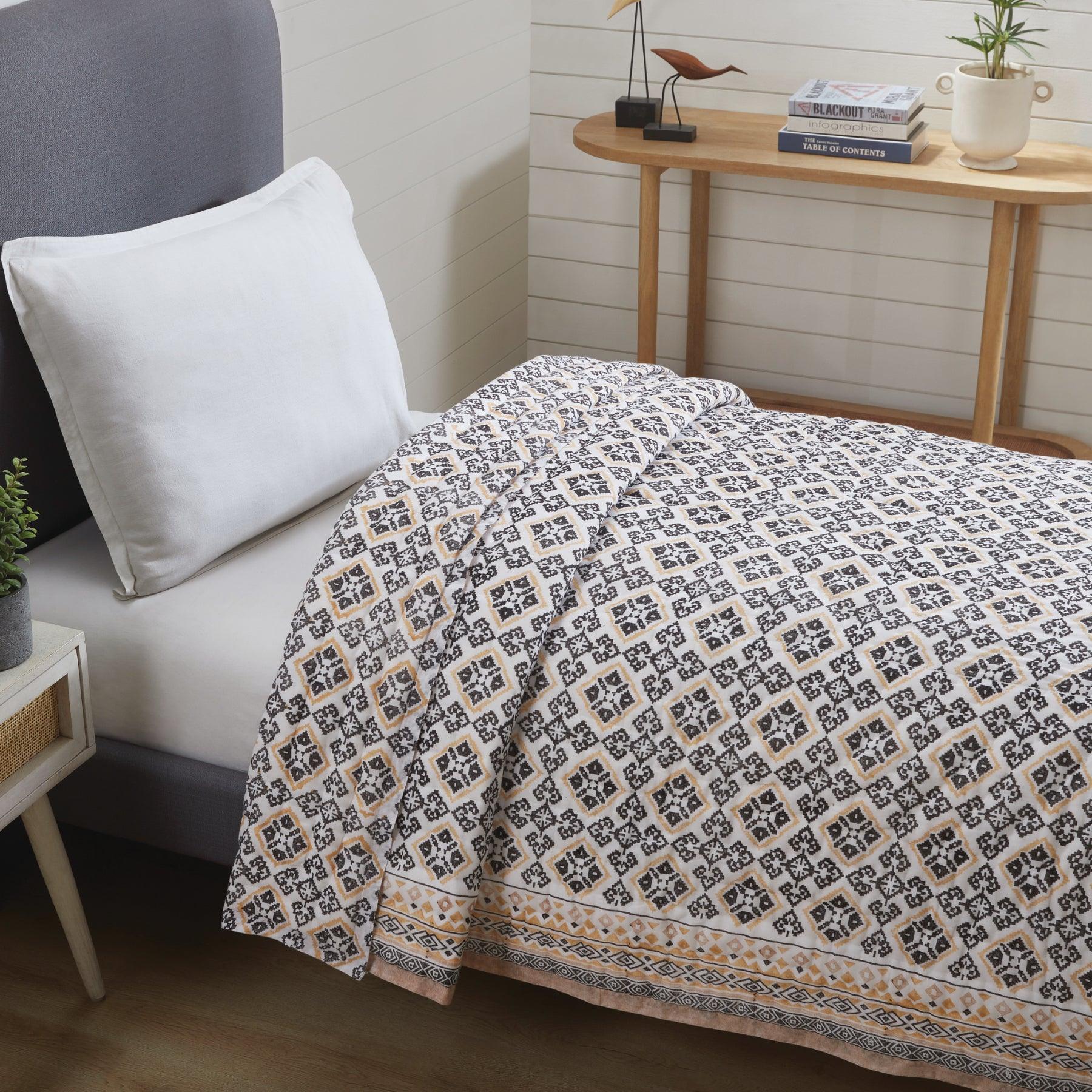 Geometric Dribble Mustard & Charcoal Hand Block Print Lightweight Medium Cotton Quilt Ratan Texprocess Pvt. Ltd