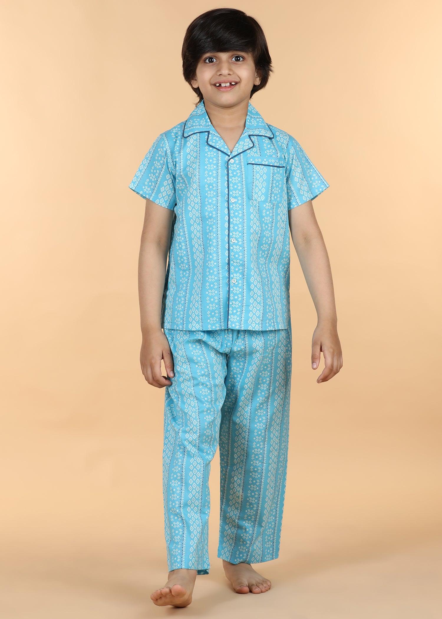 Diamond Stripe Blue Half Sleeves Cotton Unisex Nightsuit (1-12 Yrs) Ratan Texprocess Pvt. Ltd