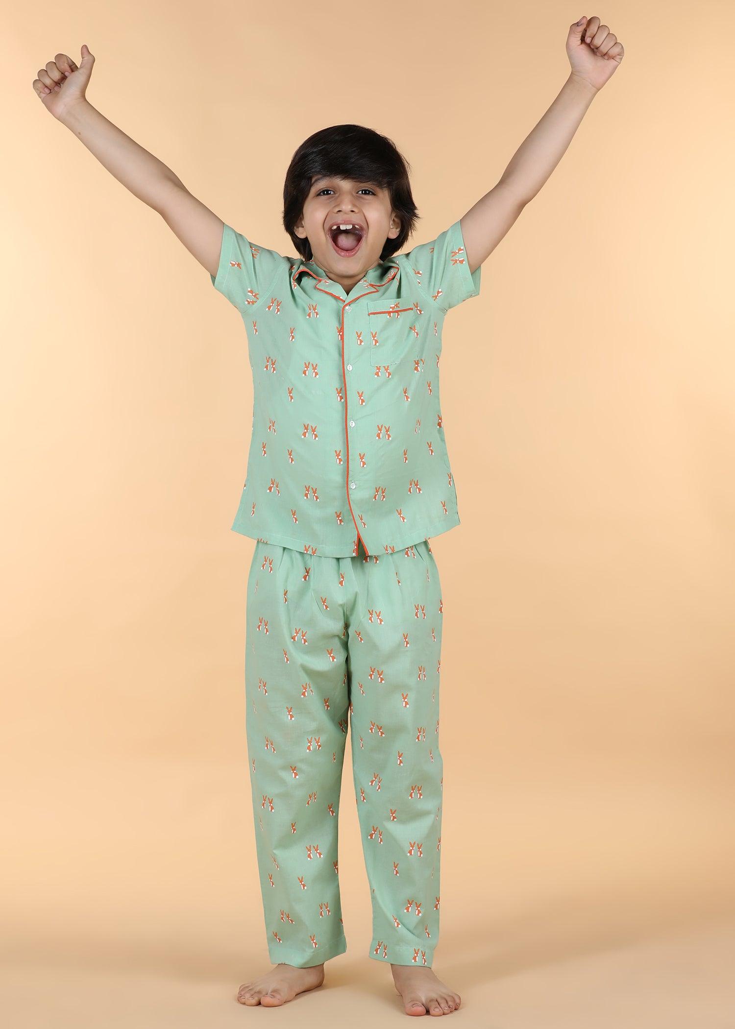 Rabbie Green Half Sleeves Cotton Unisex Nightsuit (1-12 Yrs) Ratan Texprocess Pvt. Ltd