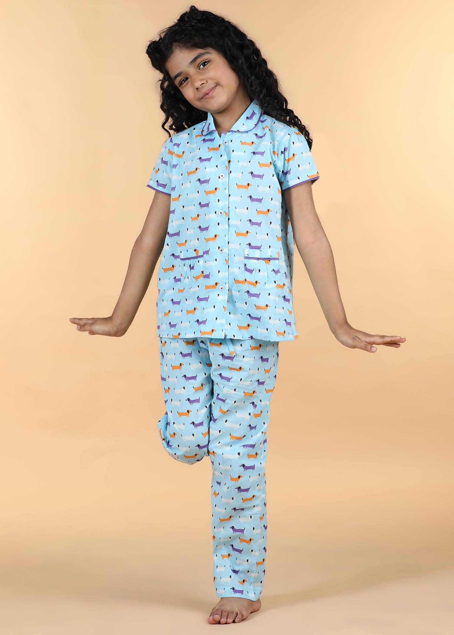 Dachshund Blue Half Sleeves Cotton Girl's Nightsuit (1-12 Yrs) Ratan Texprocess Pvt. Ltd